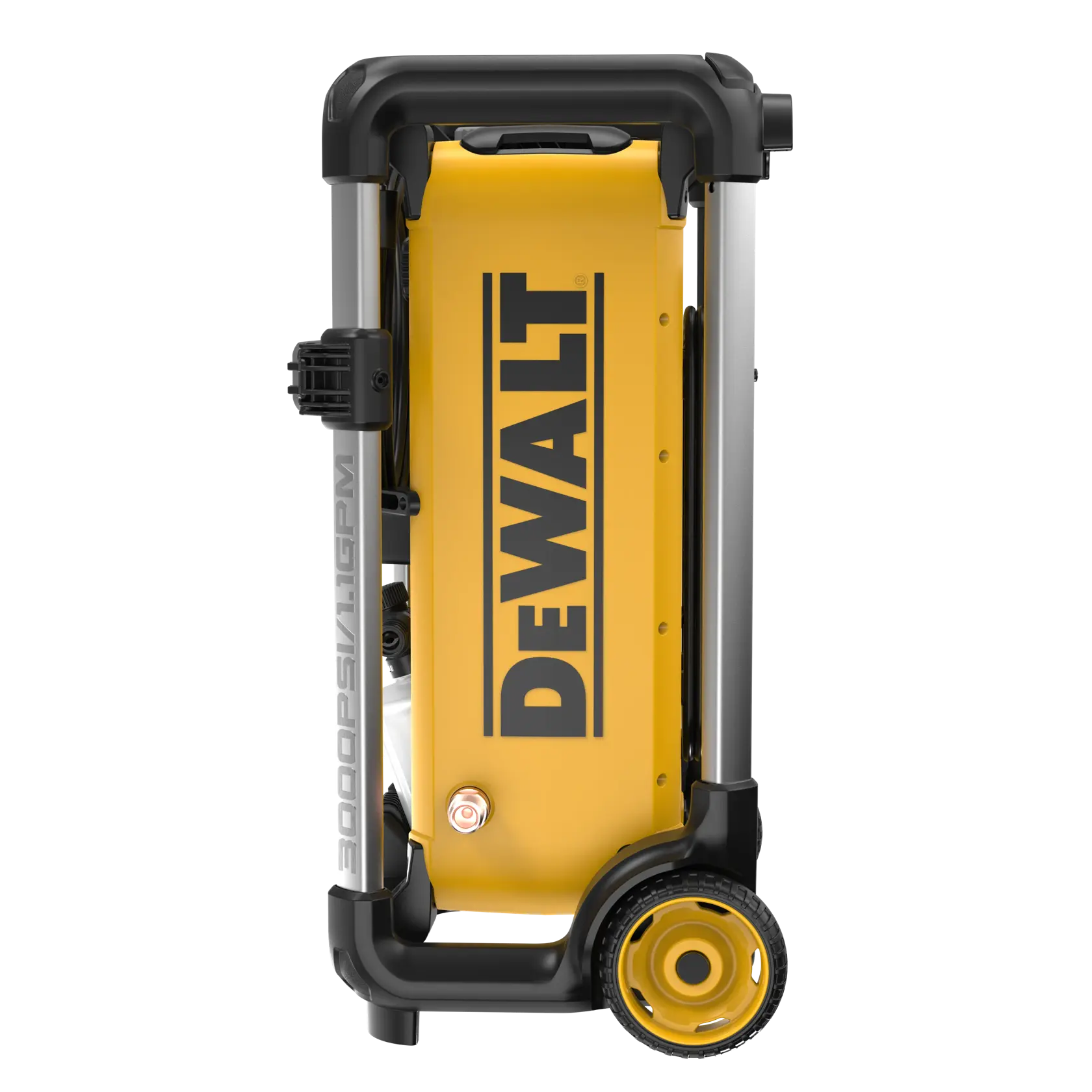 Front view of a DEWALT pressure washer with a yellow body, compact design, black accents, and wheels. The logo 'DEWALT' is prominently displayed. The unit is labeled with specifications of 3000 PSI and 1.1 GPM.