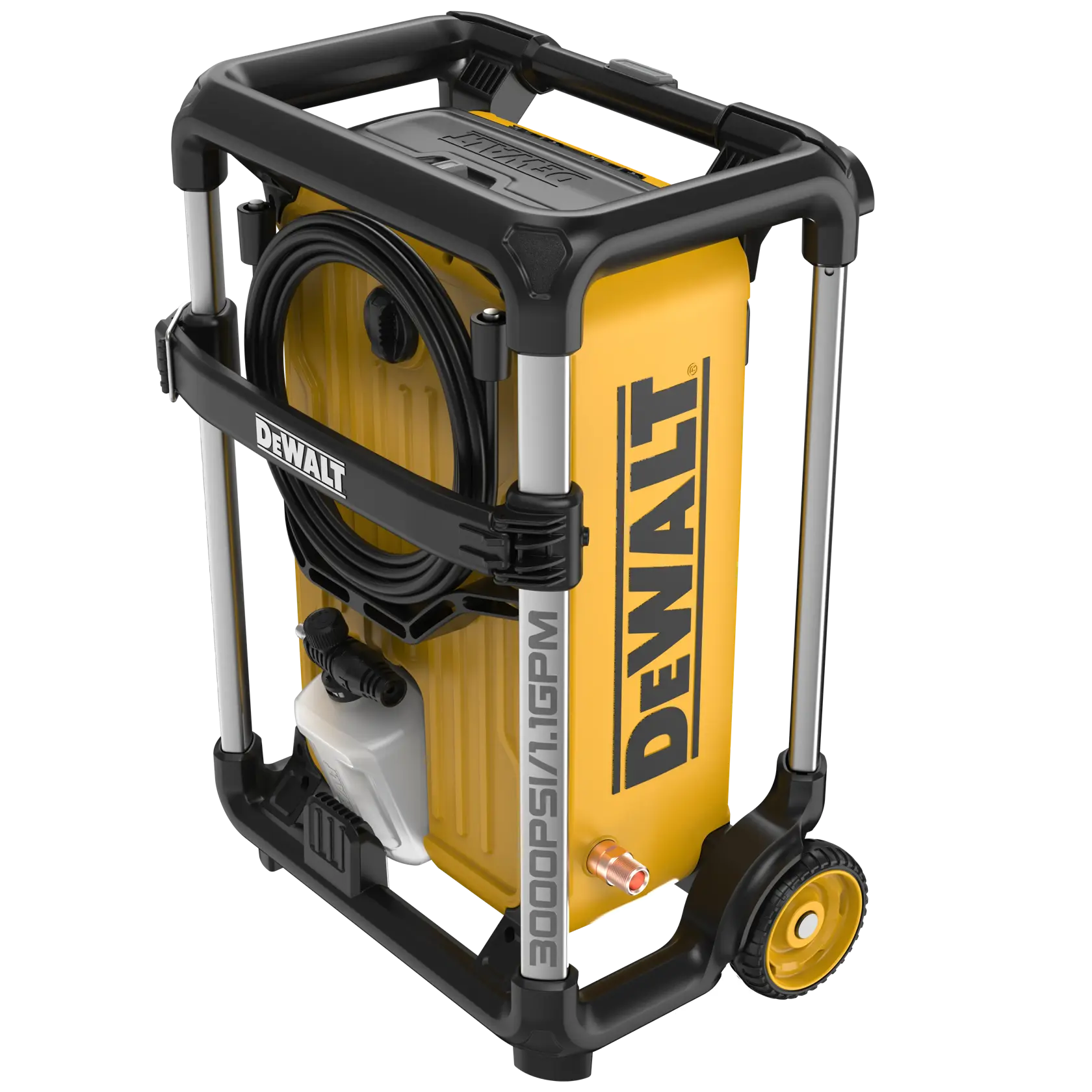 A yellow and black DEWALT pressure washer with a compact, upright design, featuring wheels and a handle for mobility. The hose is coiled neatly on the front, and the side displays specifications: 3000 PSI / 1.1 GPM.
