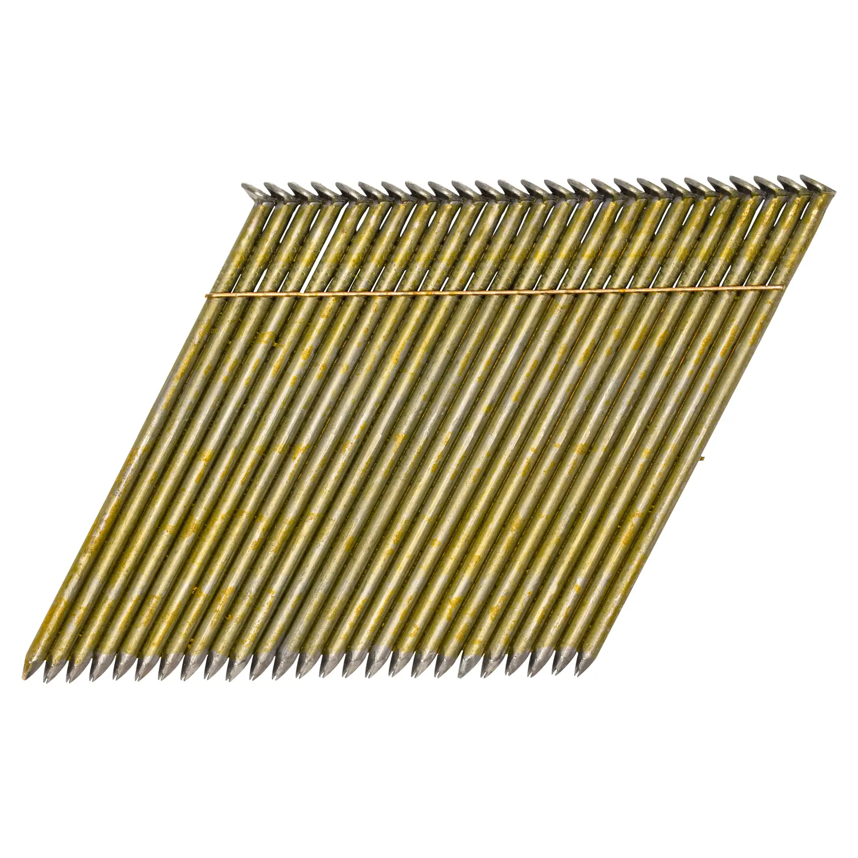 A close-up image of a strip of collated framing nails arranged at an angle, commonly used in nail guns for construction purposes.