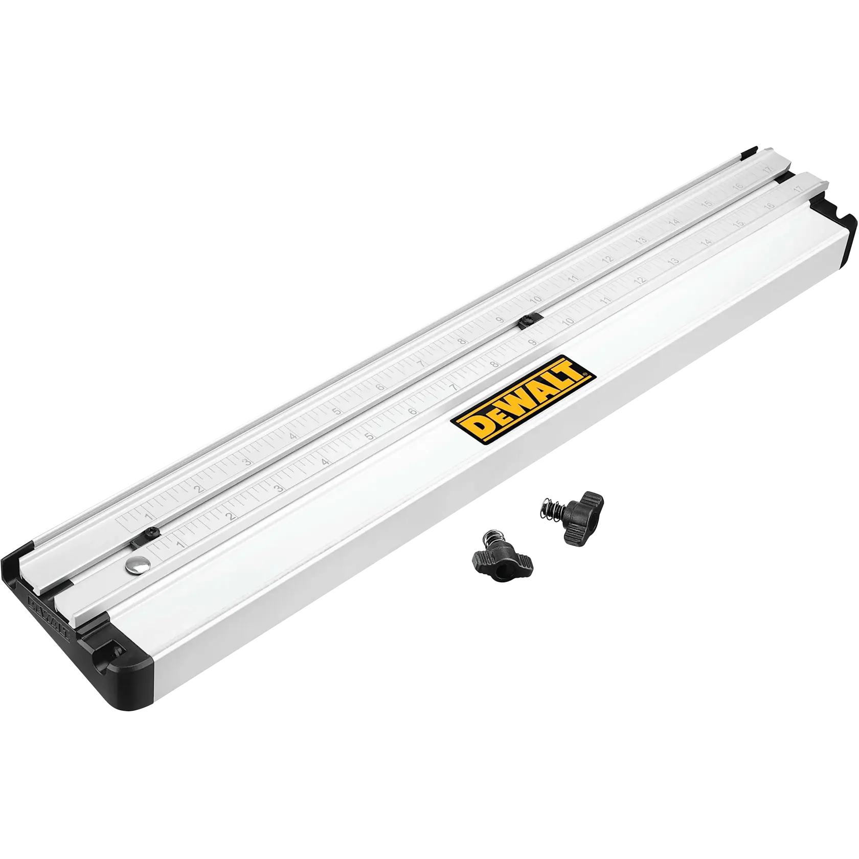 A DEWALT branded aluminum guide rail with a measuring scale, shown alongside two black attachment knobs and screws.
