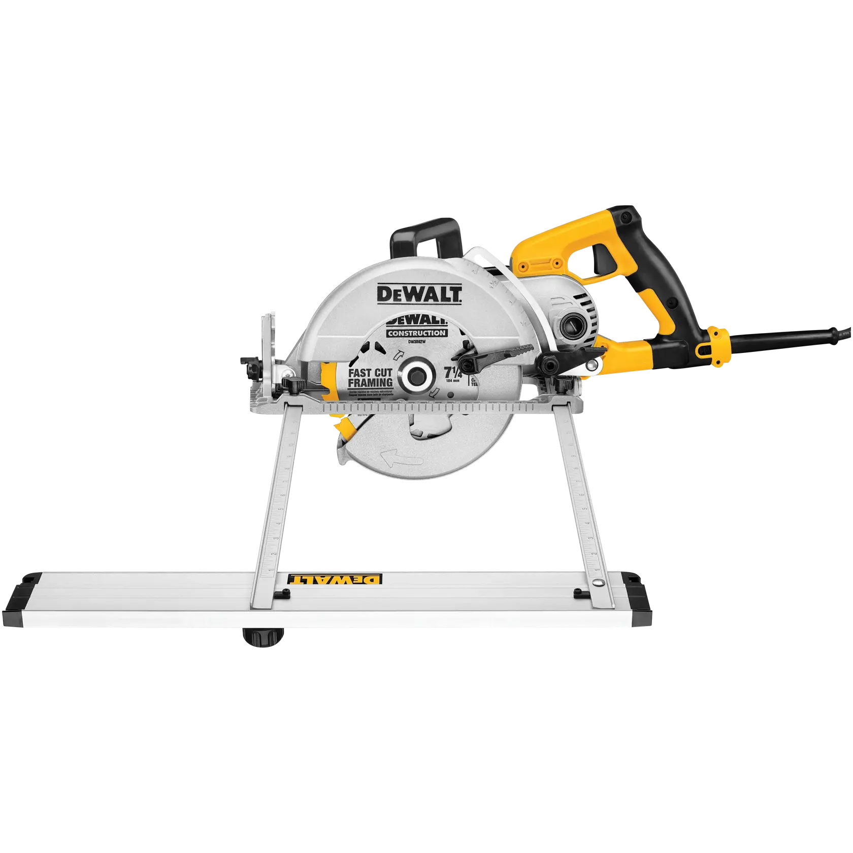 A DEWALT circular saw with a guide rail attachment, shown from the side. The saw has a silver blade guard and base, with yellow and black accents on the handle and motor area. The guide rail is mounted beneath the saw for precision cutting.