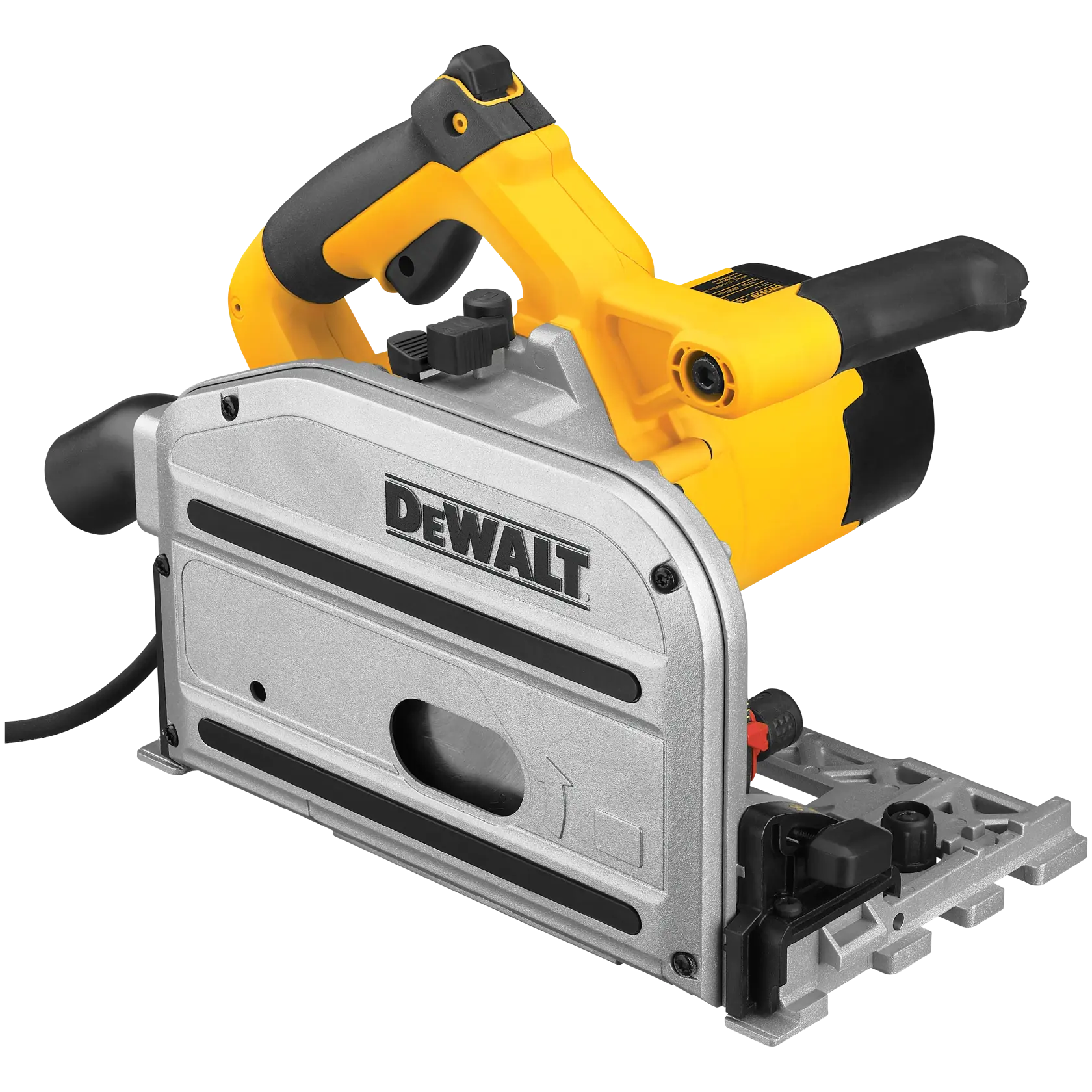 DEWALT DWS520K plunge saw with yellow and black handle, used for precise wood cutting.