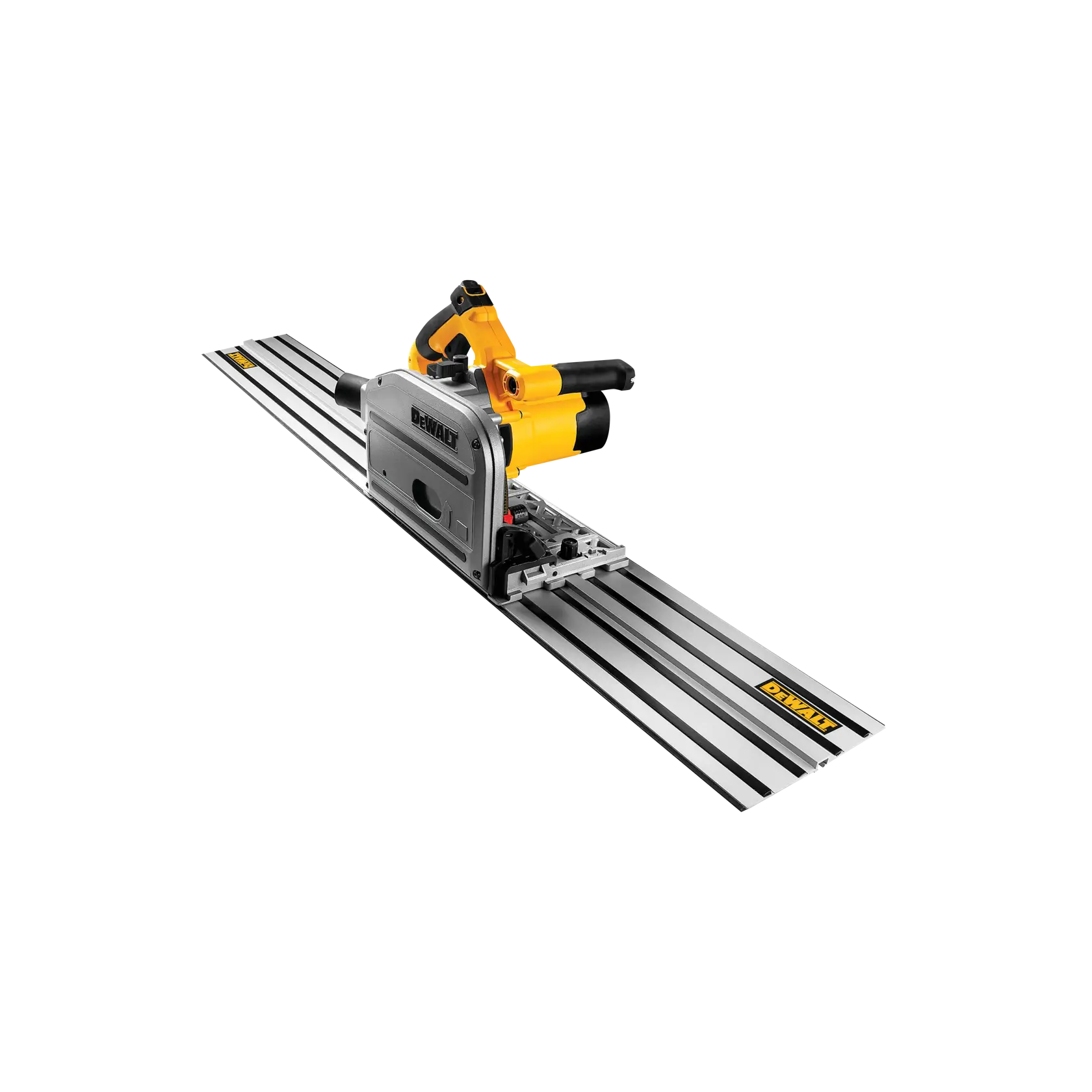 A DEWALT track saw with a yellow and black handle, attached to a metal guide rail, designed for precise wood cutting.