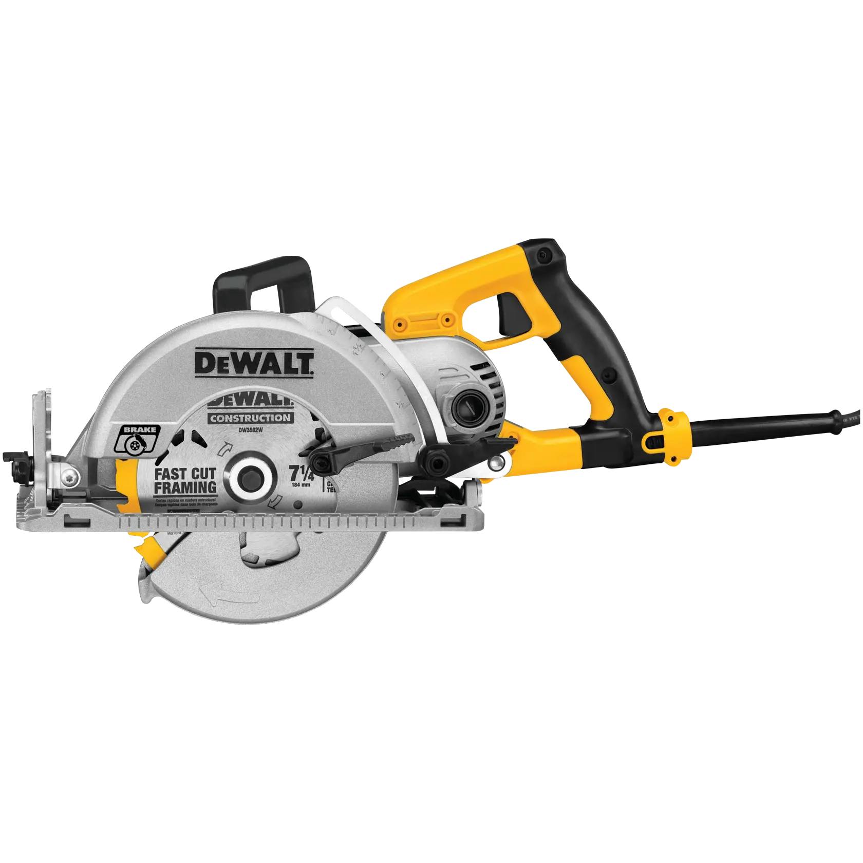 A DEWALT branded electric circular saw with a yellow and black handle, featuring a 7-1/4 inch blade labeled for fast cut framing. The saw has a side handle and a power cord.