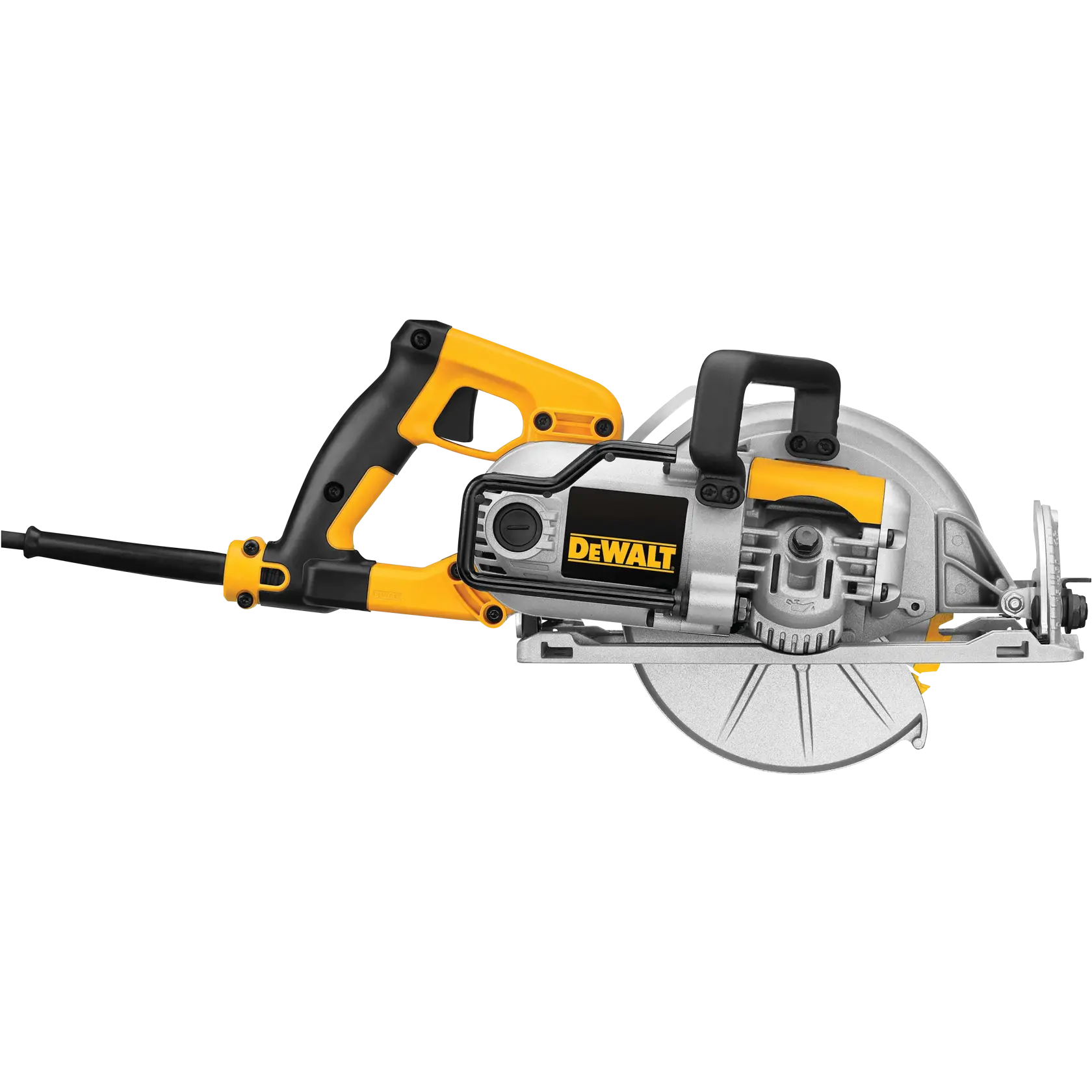 A DEWALT-branded circular saw with a yellow and black handle, silver blade guard, and power cord.