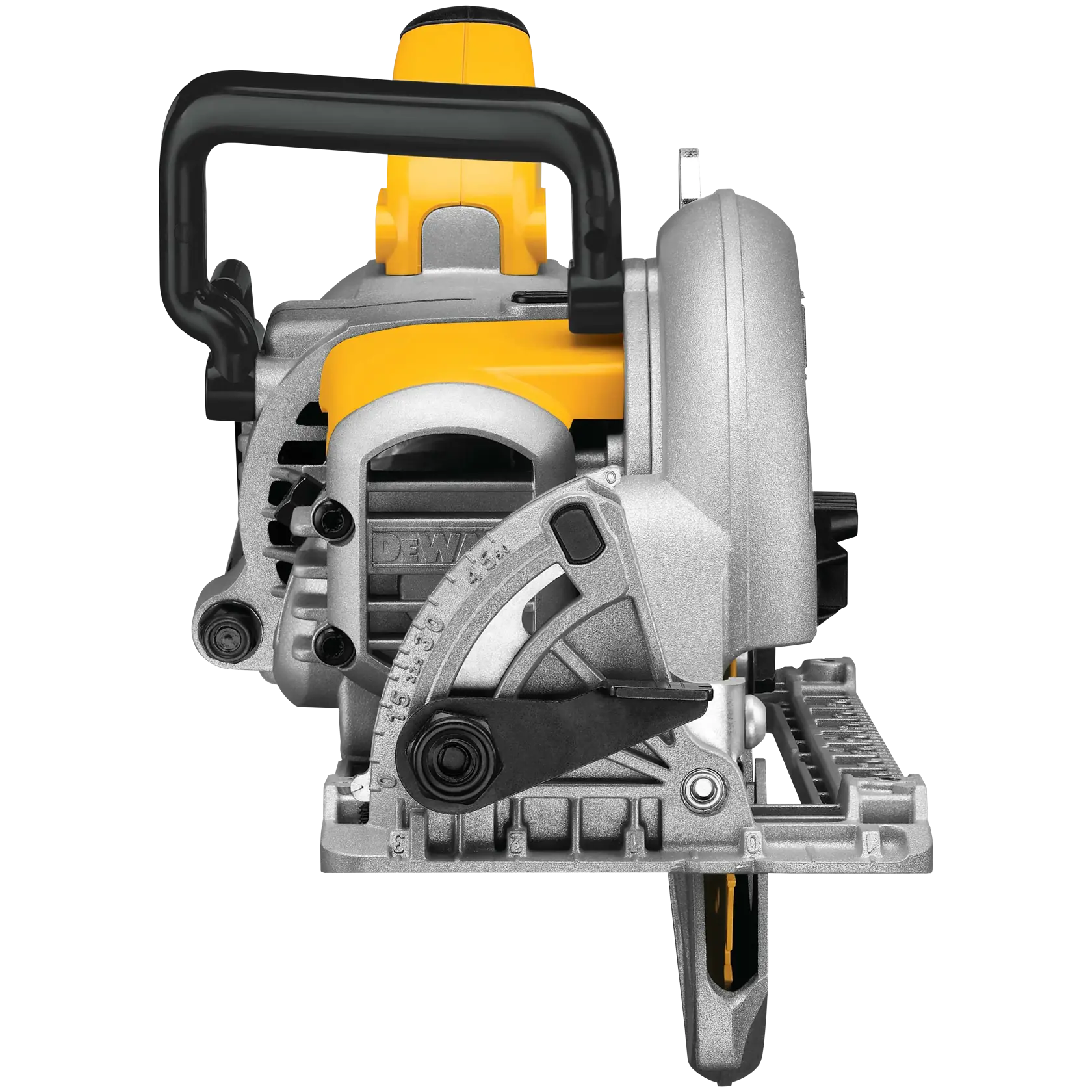 Front view of a DEWALT circular saw with a yellow and silver body, black handle, and exposed blade, model DWS535B.