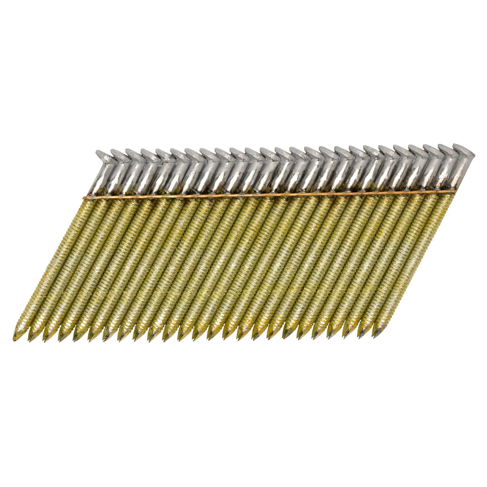 A strip of collated framing nails with ring shanks, arranged at an angle for use in a nail gun.