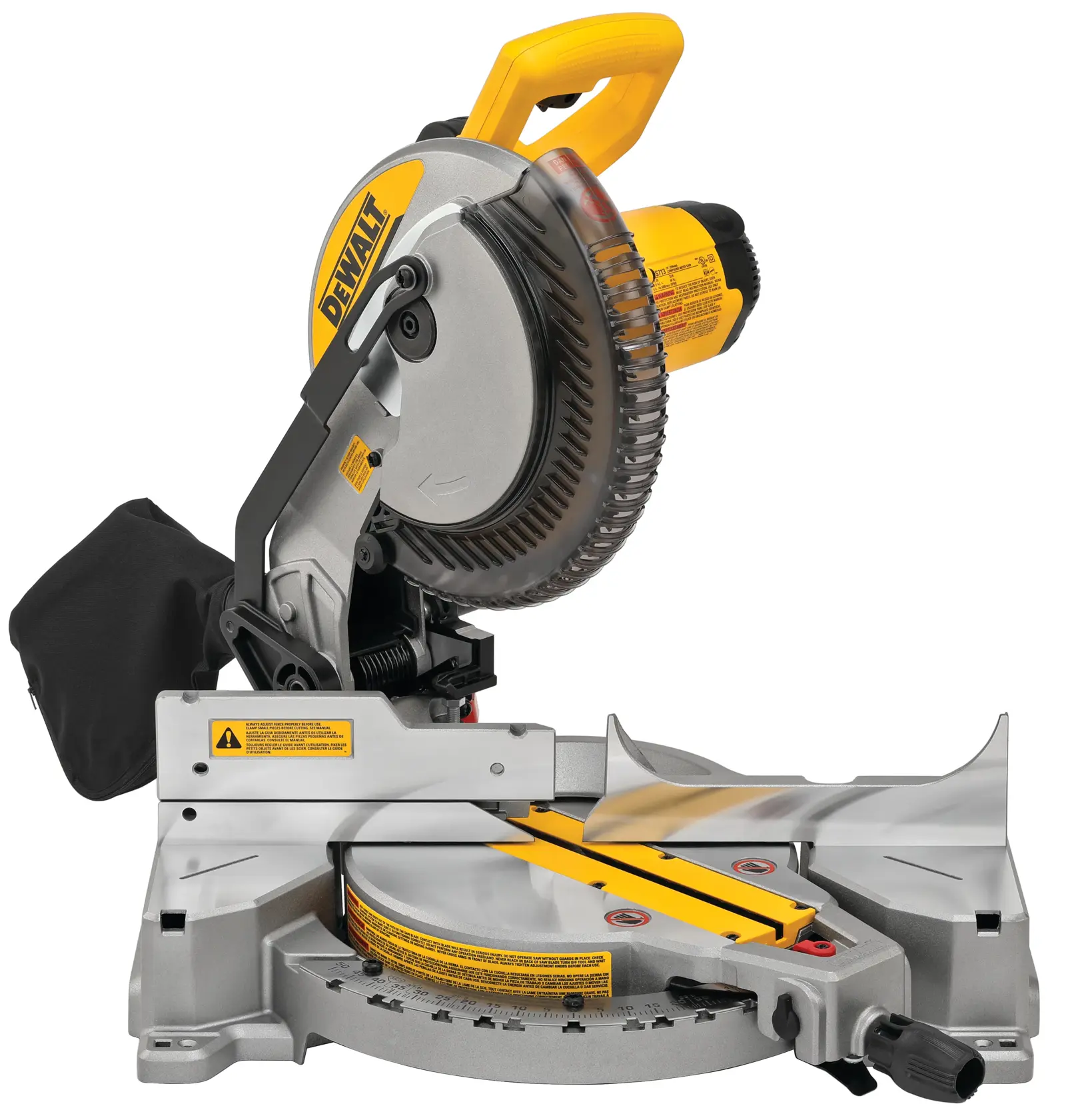 A DEWALT branded miter saw with a yellow and silver design, featuring a circular blade, adjustable base, and protective guard. The saw also has a black dust bag attached to the rear.