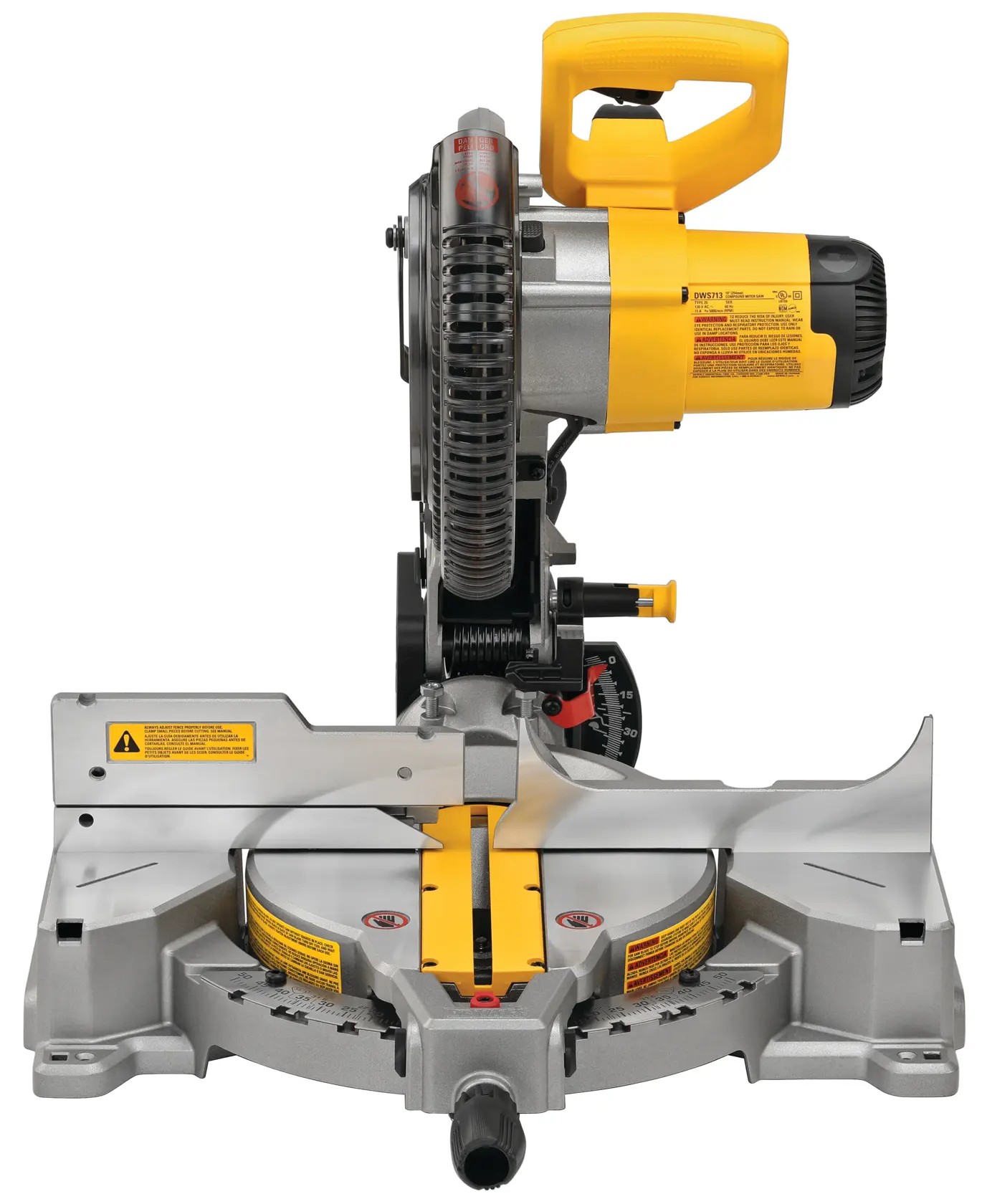 Front view of a DEWALT DWS713 miter saw with a yellow handle and safety warnings visible on its base. The saw is designed for precise cutting tasks in woodworking and construction.