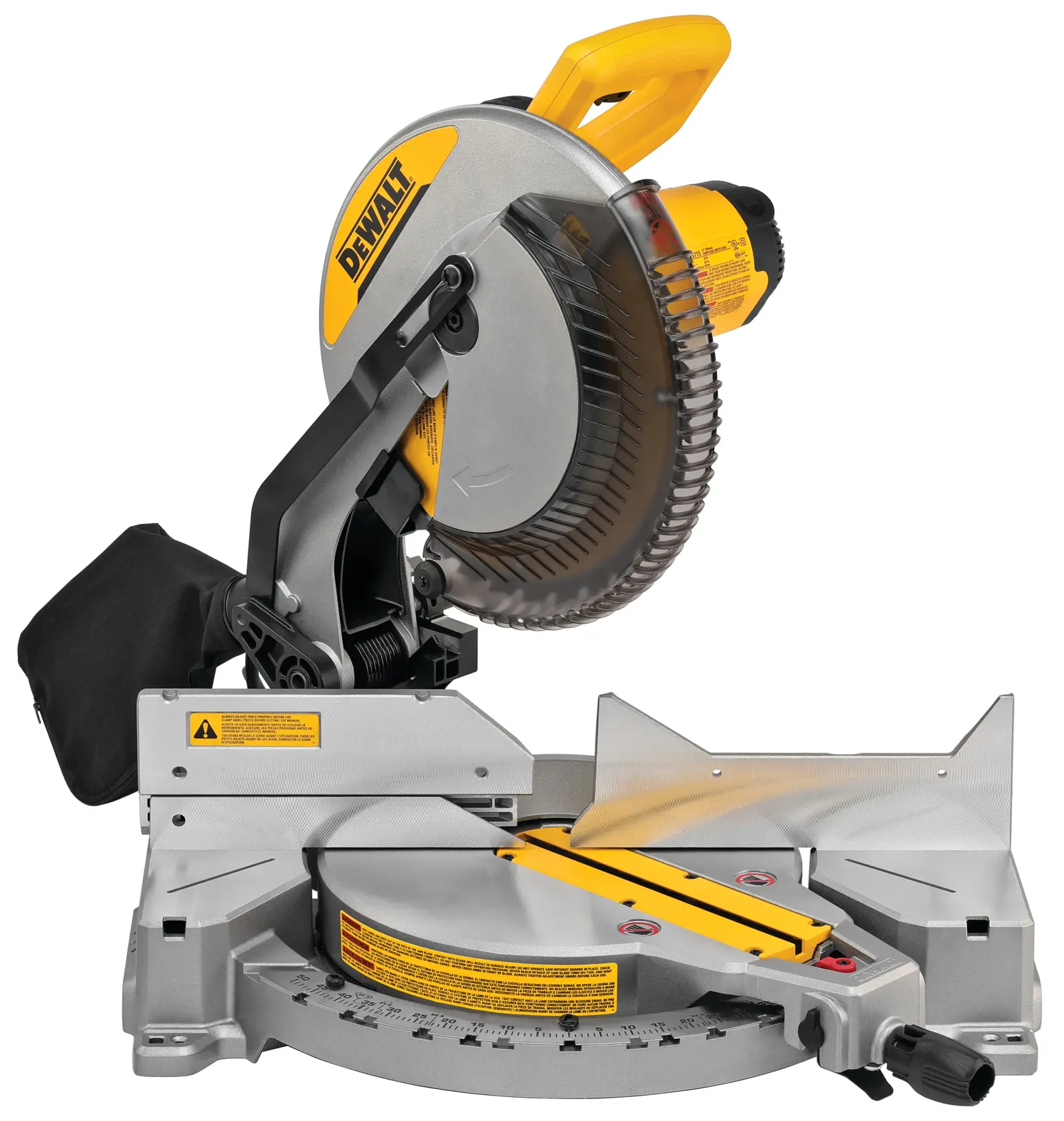 A DEWALT DWS715 compound miter saw with a yellow handle, dust bag, and adjustable cutting base. The saw is designed for precise angled cuts and features safety warnings on the metal base.