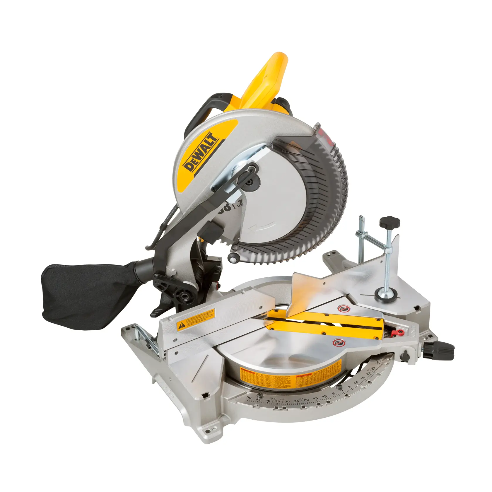 A DEWALT branded miter saw with a circular blade and yellow handle. The saw is mounted on a base with measurement markings, and features a dust bag attached to the left side.