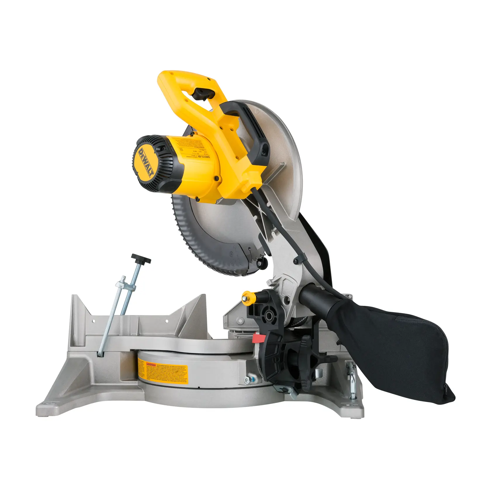 A DEWALT DWS715 compound miter saw with a yellow and black handle, circular saw blade, and dust collection bag, positioned on a metallic base.