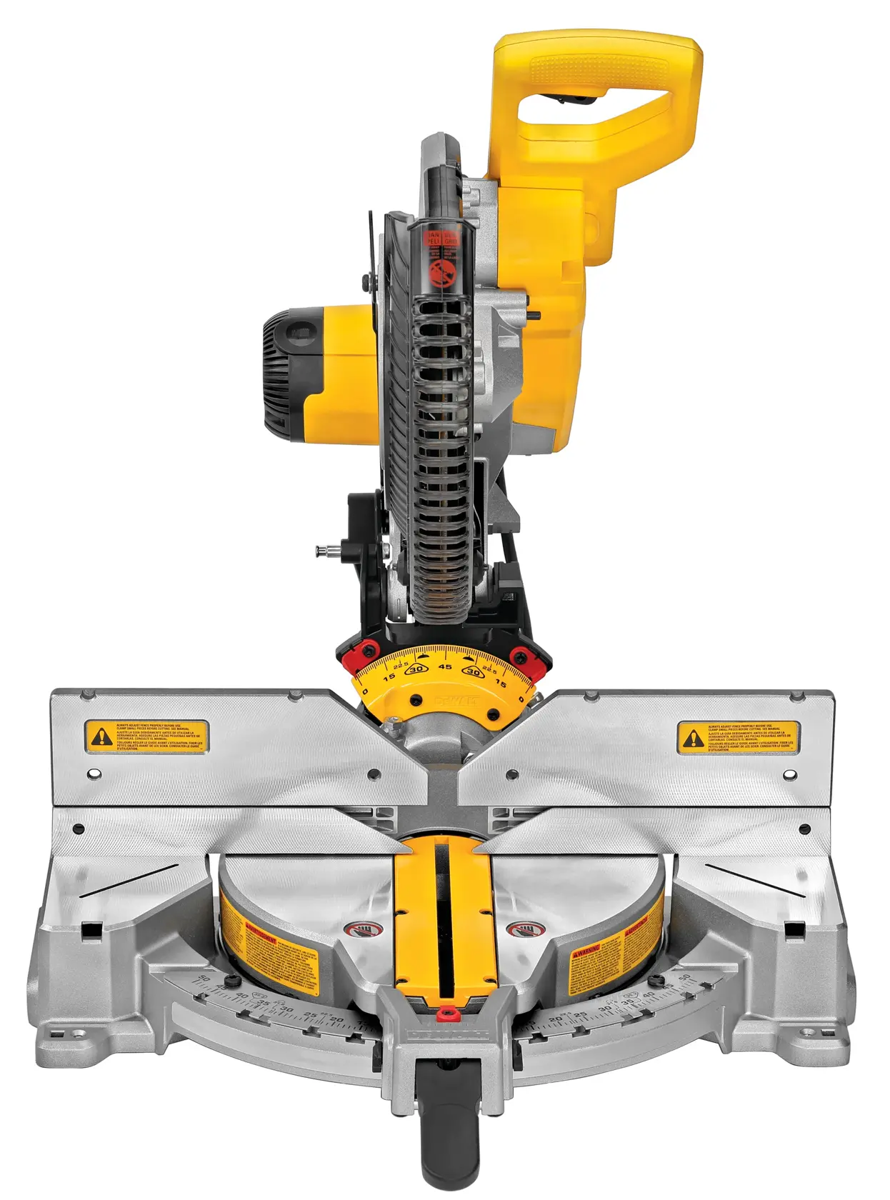 Front view of a DEWALT miter saw with a yellow handle and metallic base, featuring angle measurement markings and safety warning labels.