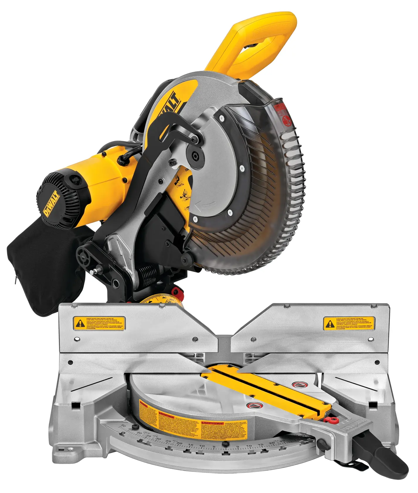 A DEWALT DWS716 compound miter saw, featuring a yellow and black design, positioned on a silver base with clear safety labels. The saw has a circular blade with a protective cover and an ergonomic handle.