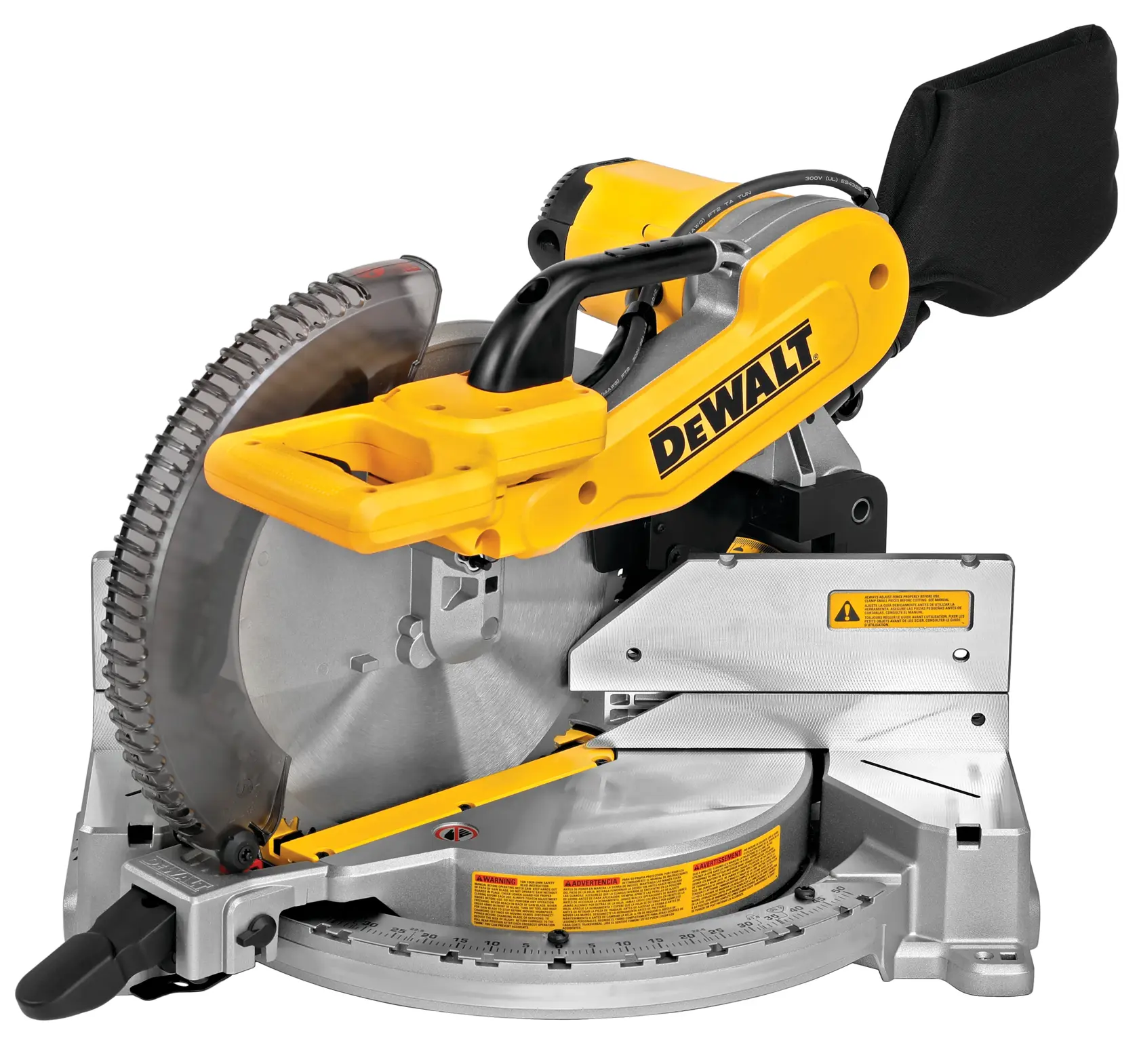 A DEWALT branded compound miter saw with a yellow and silver design. The tool features a circular saw blade, adjustable arm, and a black dust bag attached at the rear. The saw is suitable for making precise angled cuts in wood and other materials.