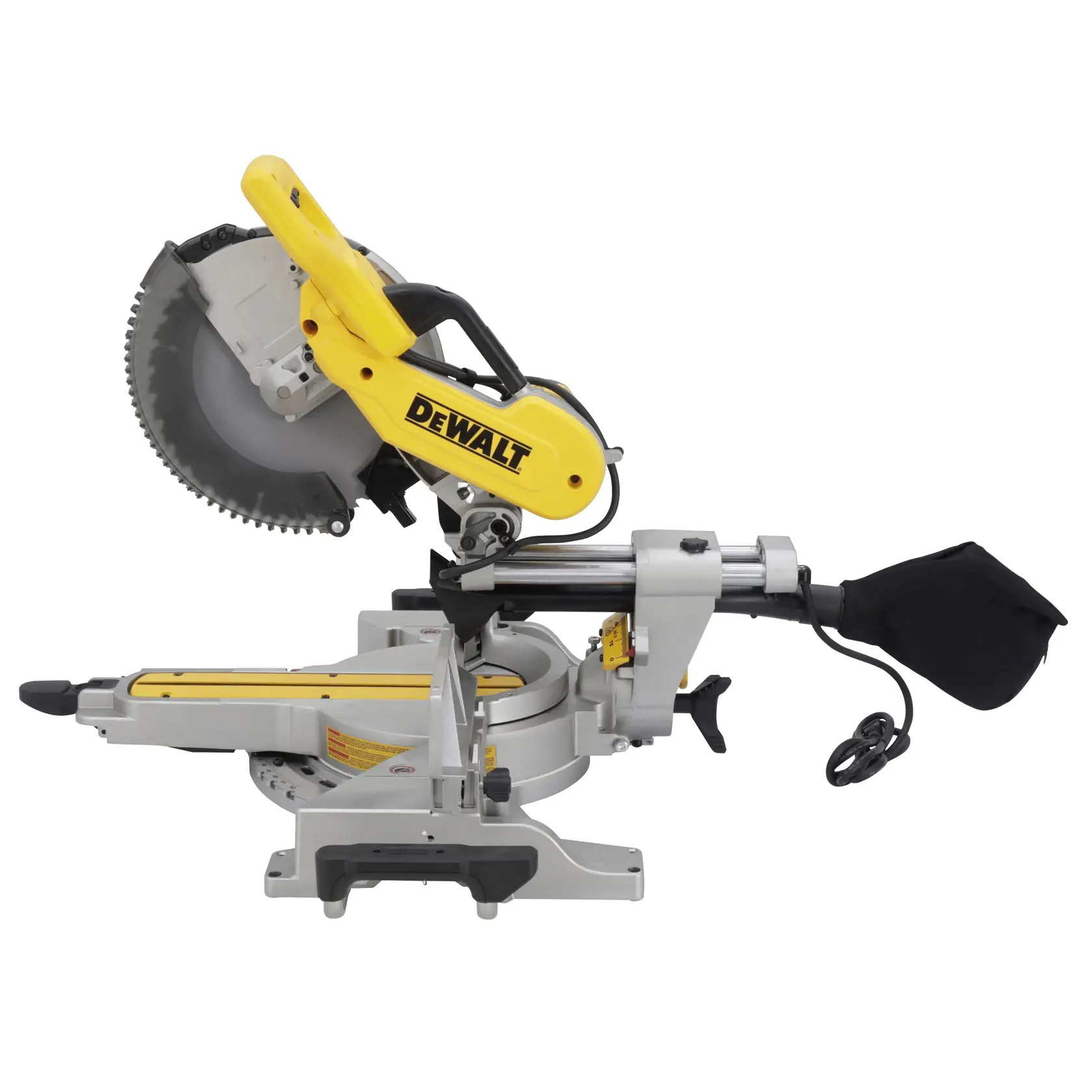 A DEWALT DWS779 sliding compound miter saw with a yellow and black design, featuring a dust collection bag, robust base, and adjustable cutting arm.