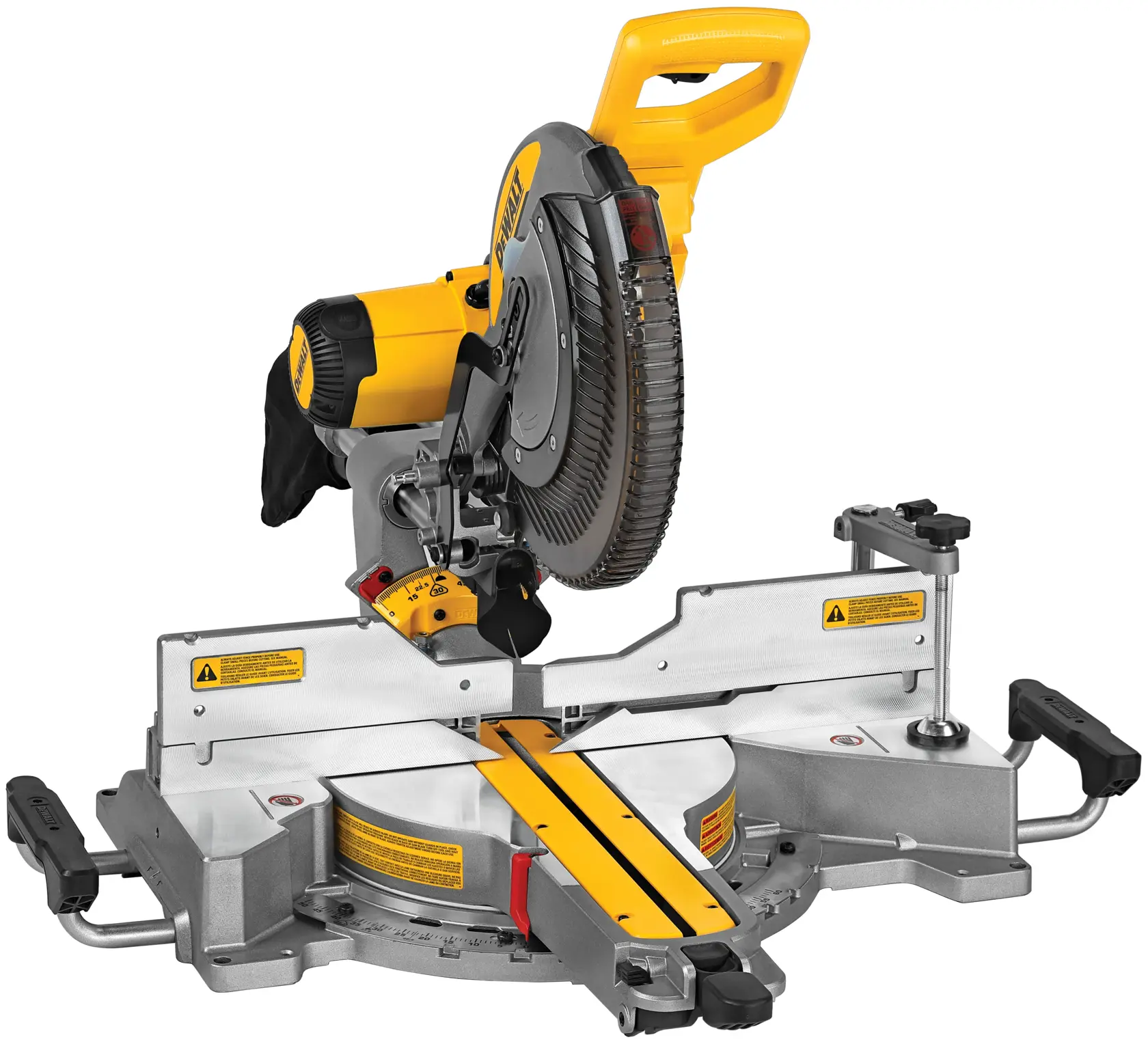 A DEWALT DWS779 sliding compound miter saw with a yellow and gray design, featuring a circular saw blade, handles, and adjustable settings for precise wood cutting.