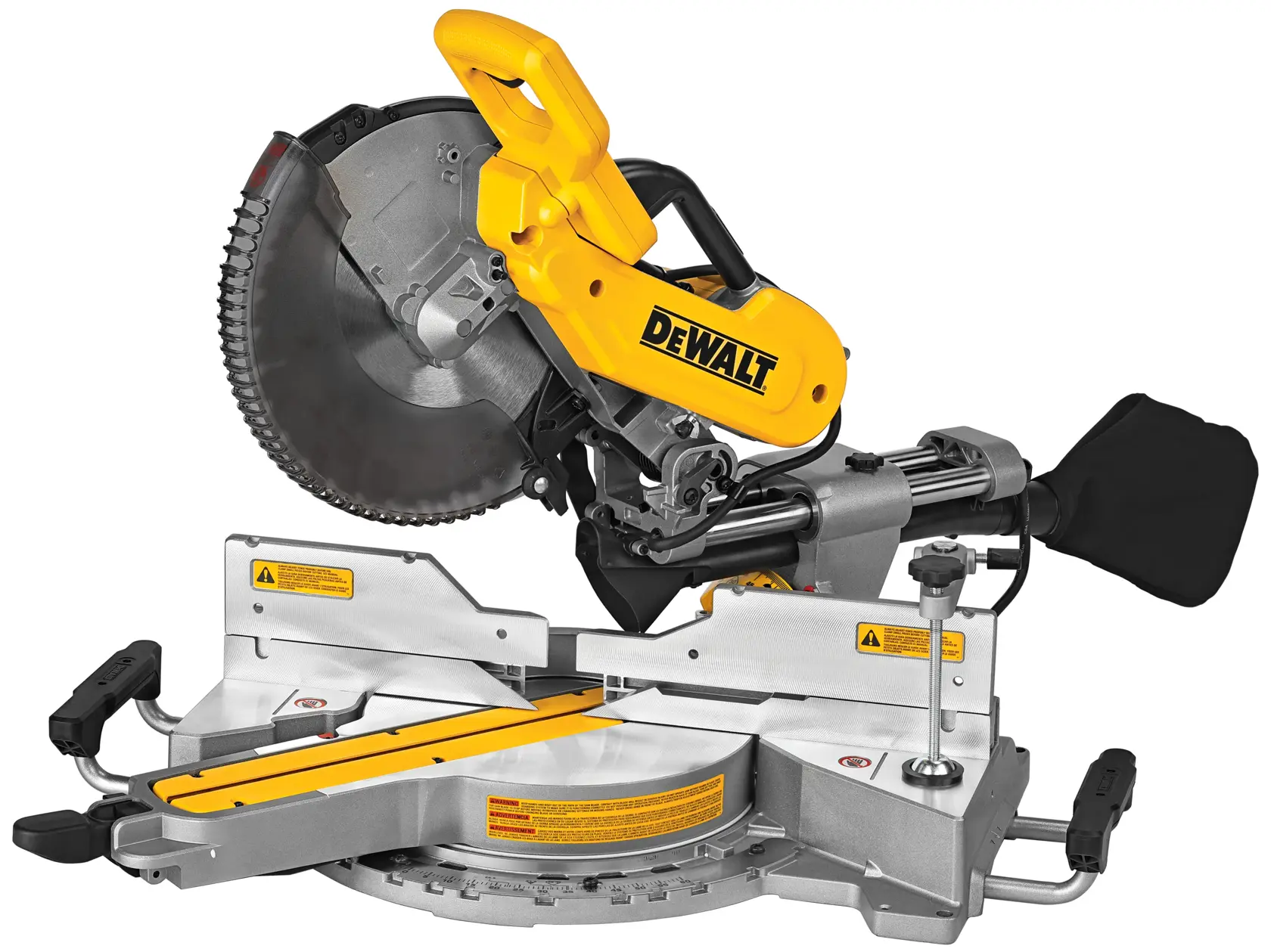 A DEWALT DWS779 sliding compound miter saw, featuring a yellow and black design with a circular saw blade, placed on a white background.