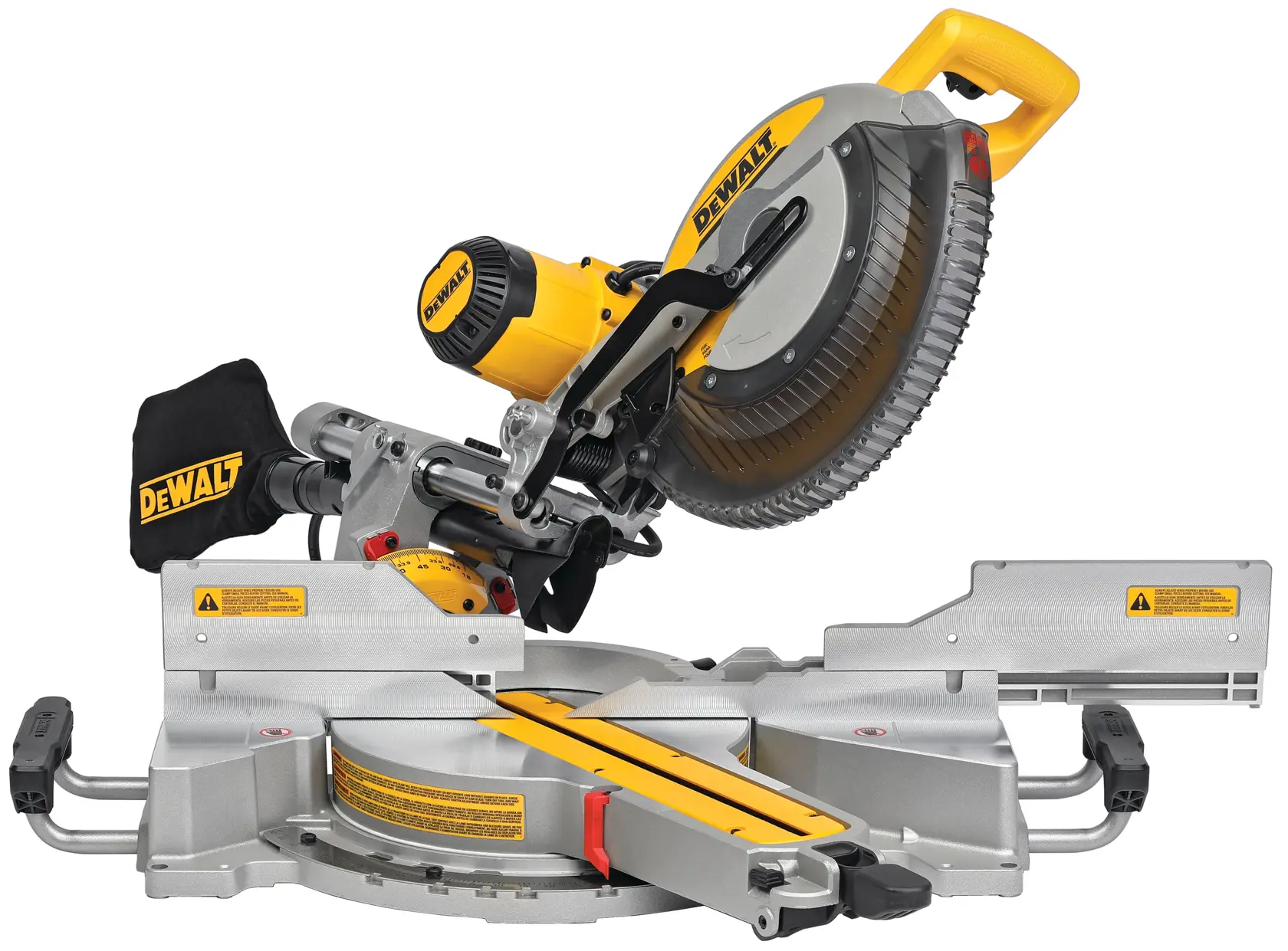 A DEWALT DWS780 sliding compound miter saw with a yellow and black design, featuring a dust collection bag and a large circular blade mounted on a metallic base.