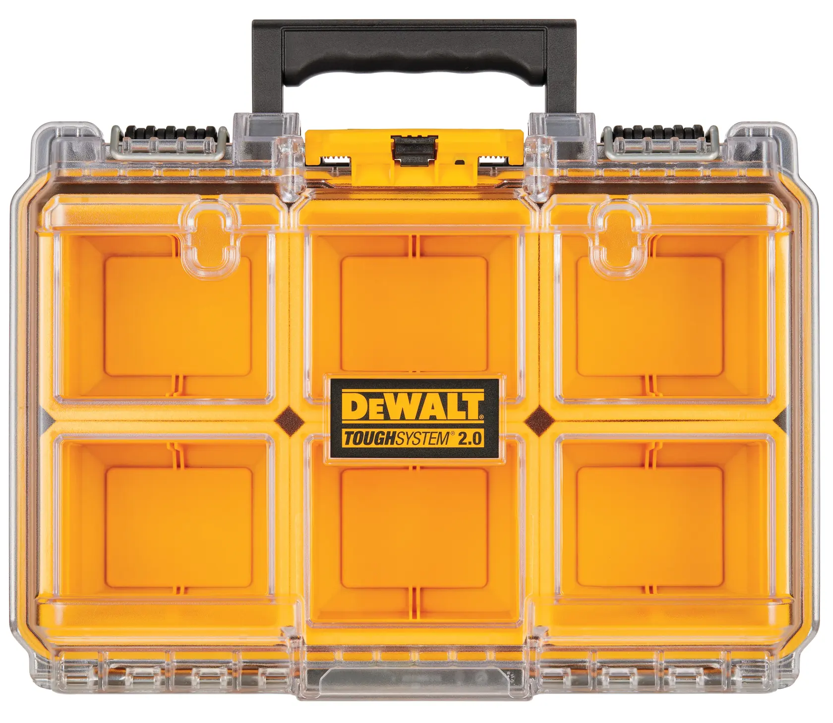 Front view of a DEWALT ToughSystem 2.0 organizer case with six orange compartments, clear lid, and black carrying handle.