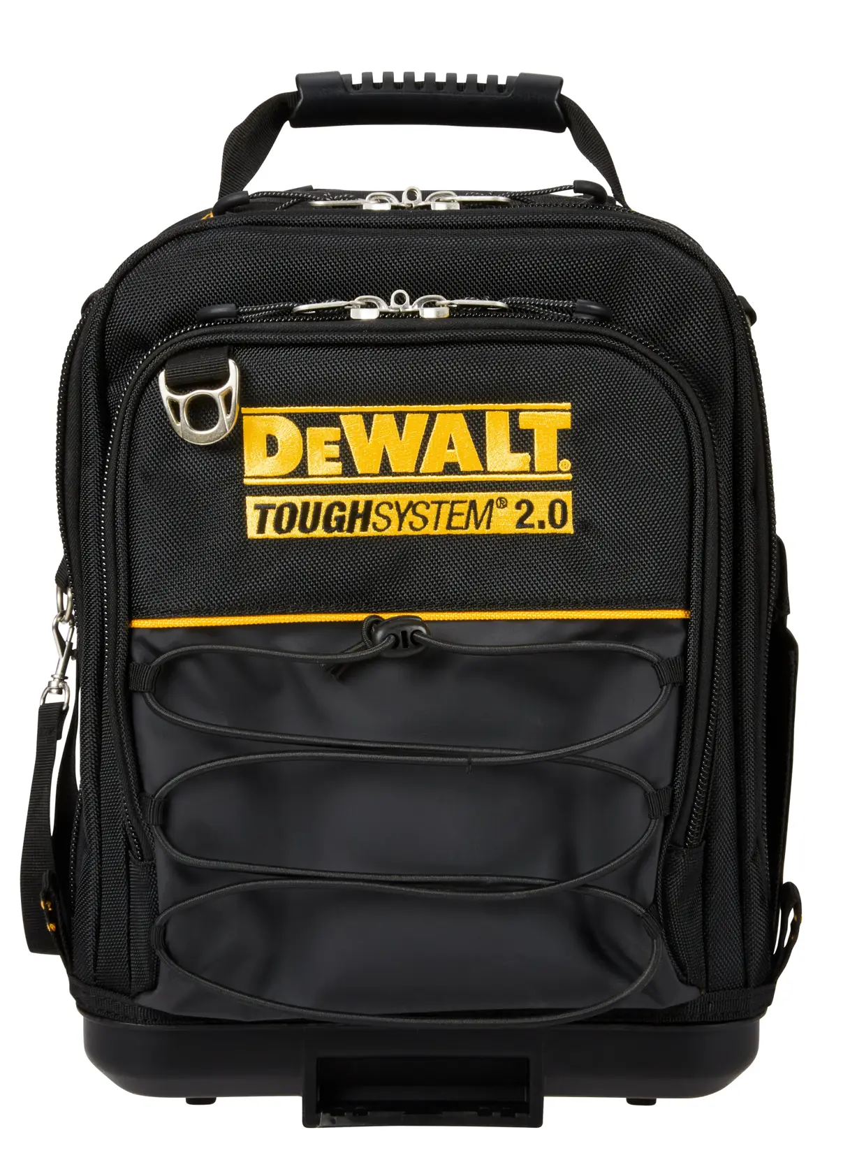 Front view of a DEWALT ToughSystem 2.0 black backpack. The backpack has a top handle, multiple zippered compartments, a metal loop attachment, and the DEWALT logo prominently displayed on the front.