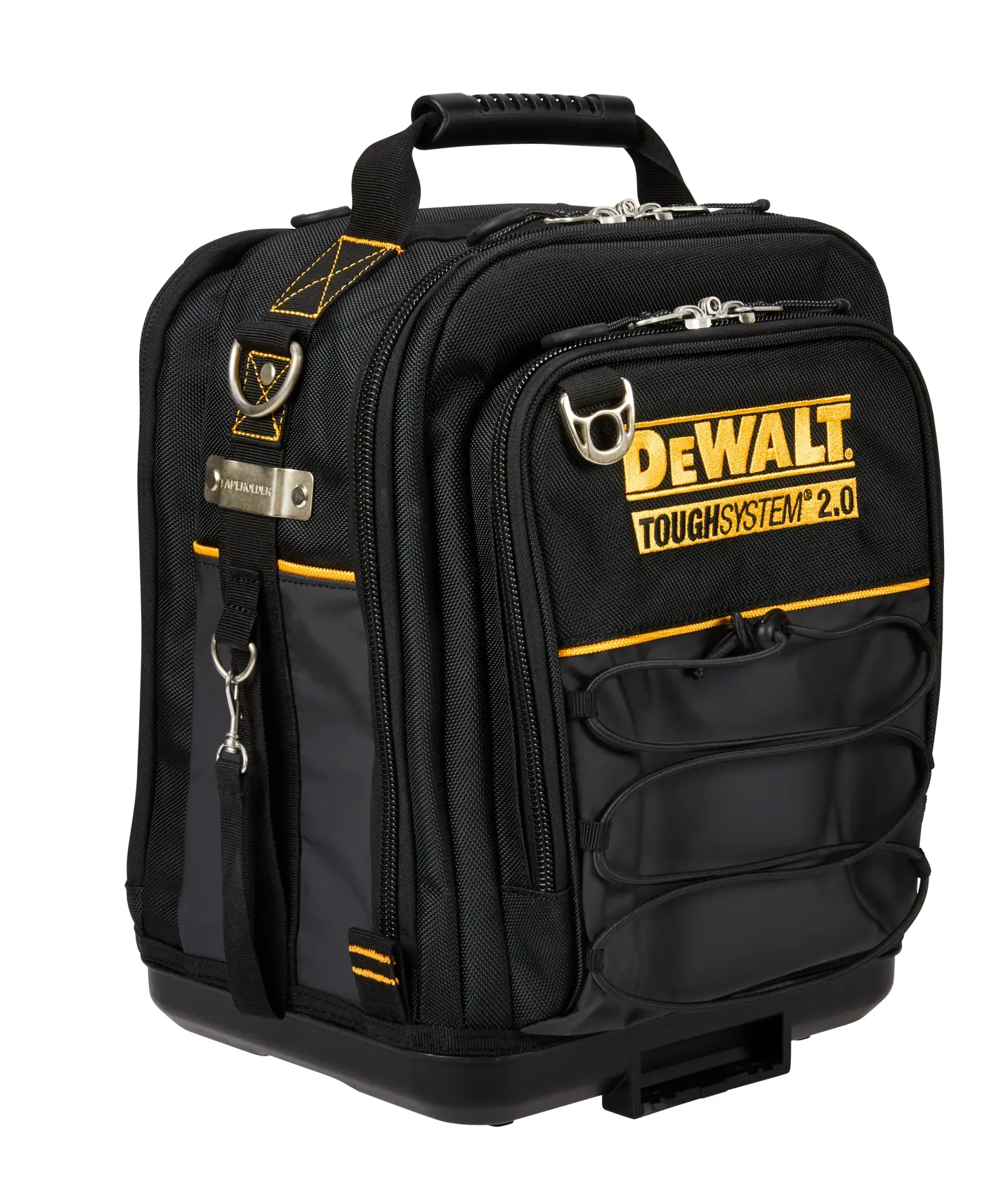 A black DEWALT ToughSystem 2.0 tool bag with yellow accents and multiple compartments, including sturdy handles and several metal rings. The bag is designed for carrying and organizing tools.