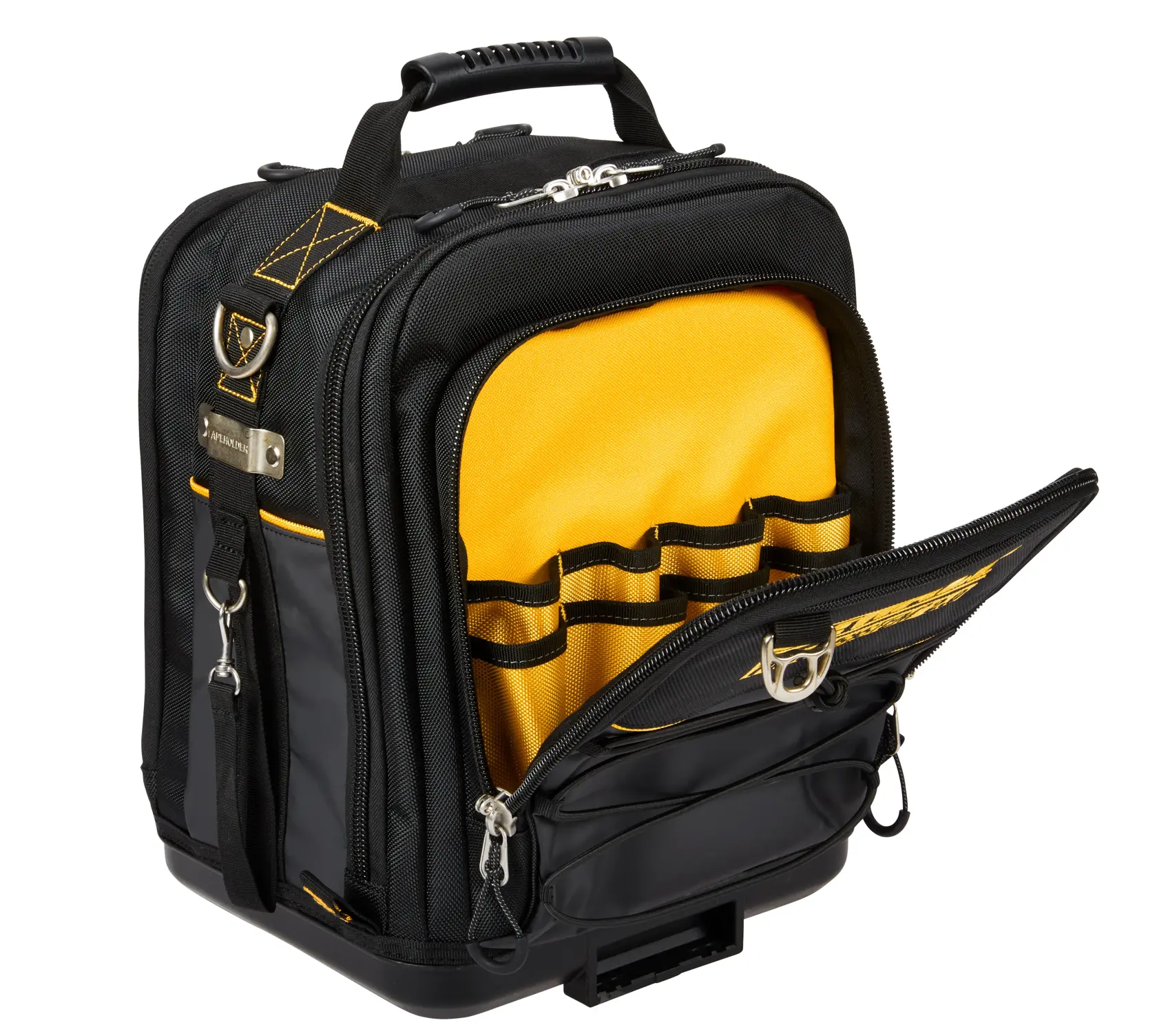 A DEWALT black and yellow tool backpack with multiple compartments, front pockets, and zippers, shown with the front pocket open to display interior organization.