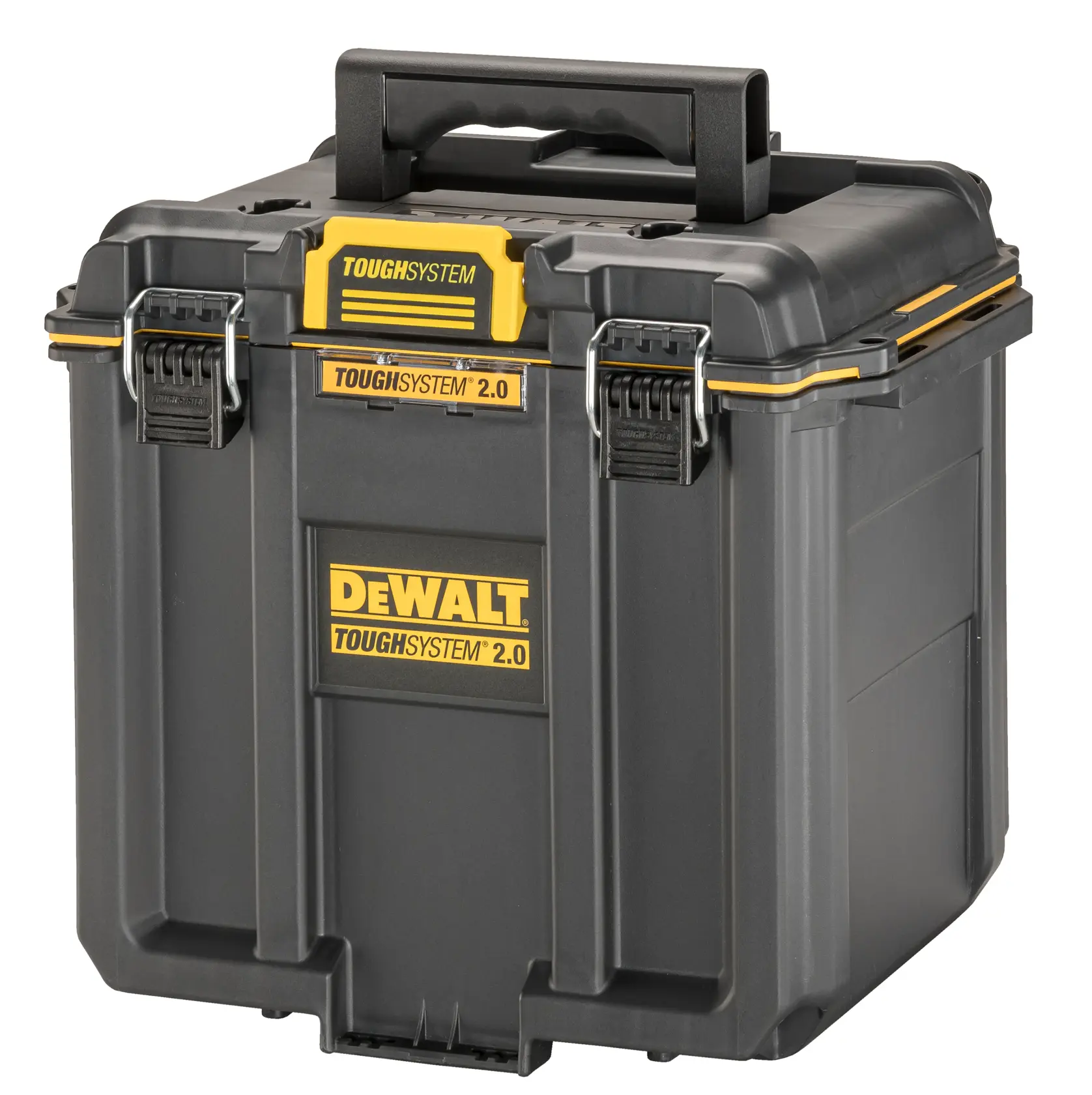 A DEWALT ToughSystem 2.0 portable tool storage box, black with yellow accents, featuring sturdy metal latches and a plastic handle on top.