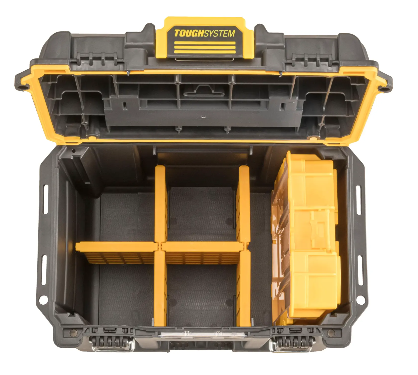 An open DEWALT ToughSystem storage case with yellow dividers and compartments, showing organized sections for tools and accessories.
