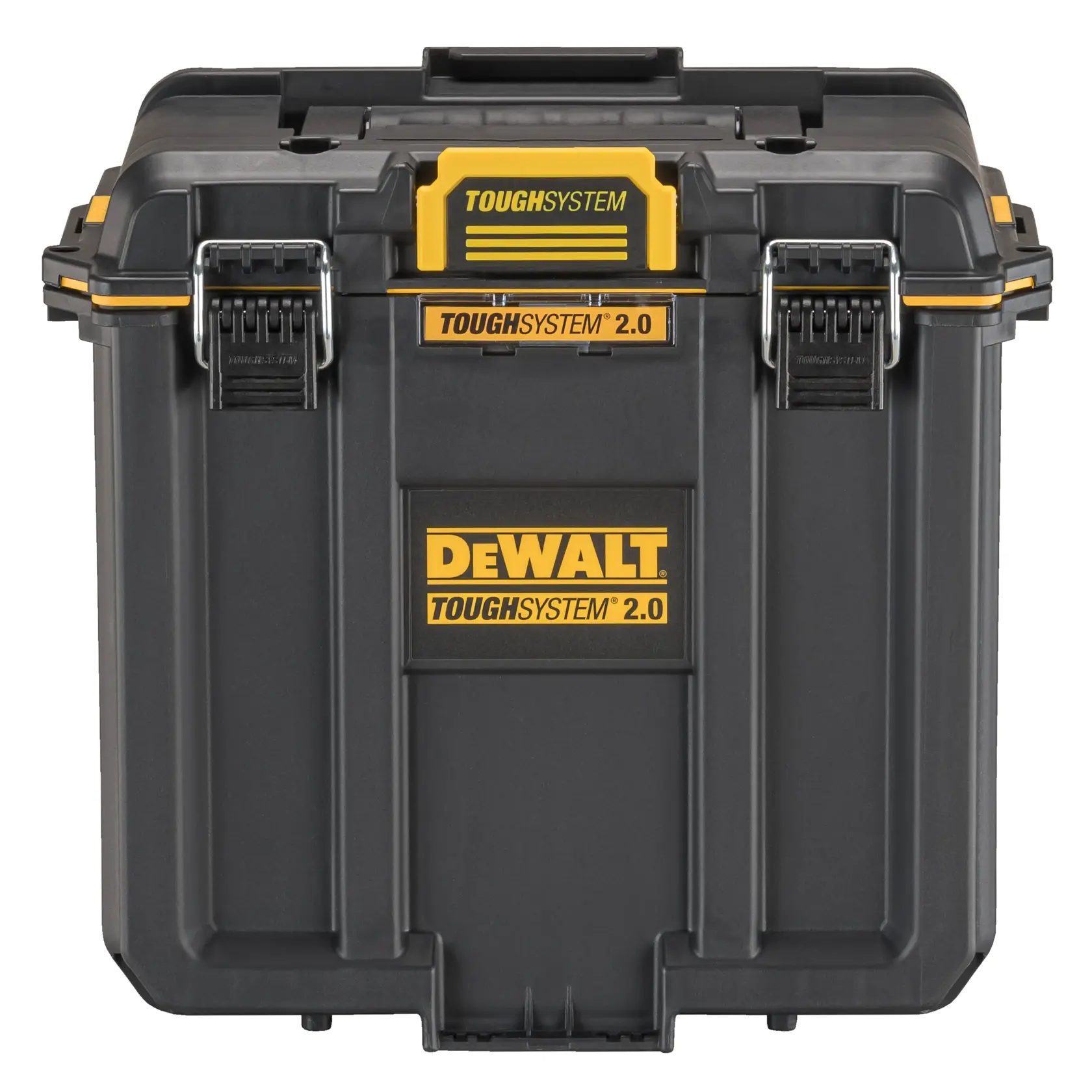 Front view of a black DEWALT ToughSystem 2.0 tool storage box, featuring yellow branding and sturdy metal latches.