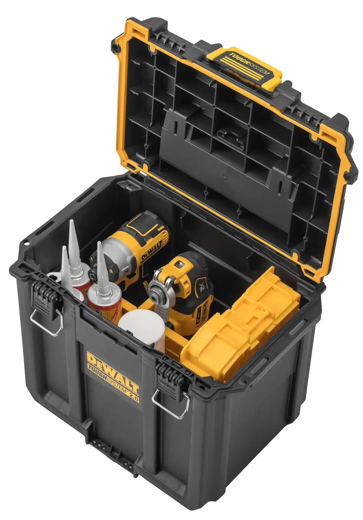 A DEWALT ToughSystem toolbox with its lid open, showing various tools and accessories stored inside, including power tools, containers, and a yellow case.