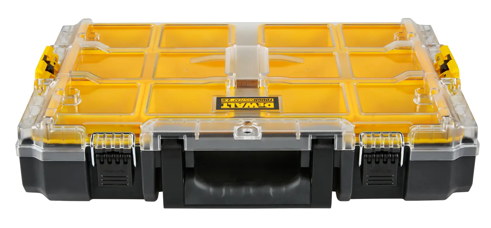 DEWALT plastic organizer case with yellow compartments, a transparent lid, and a black handle, suitable for storing small tools or hardware.