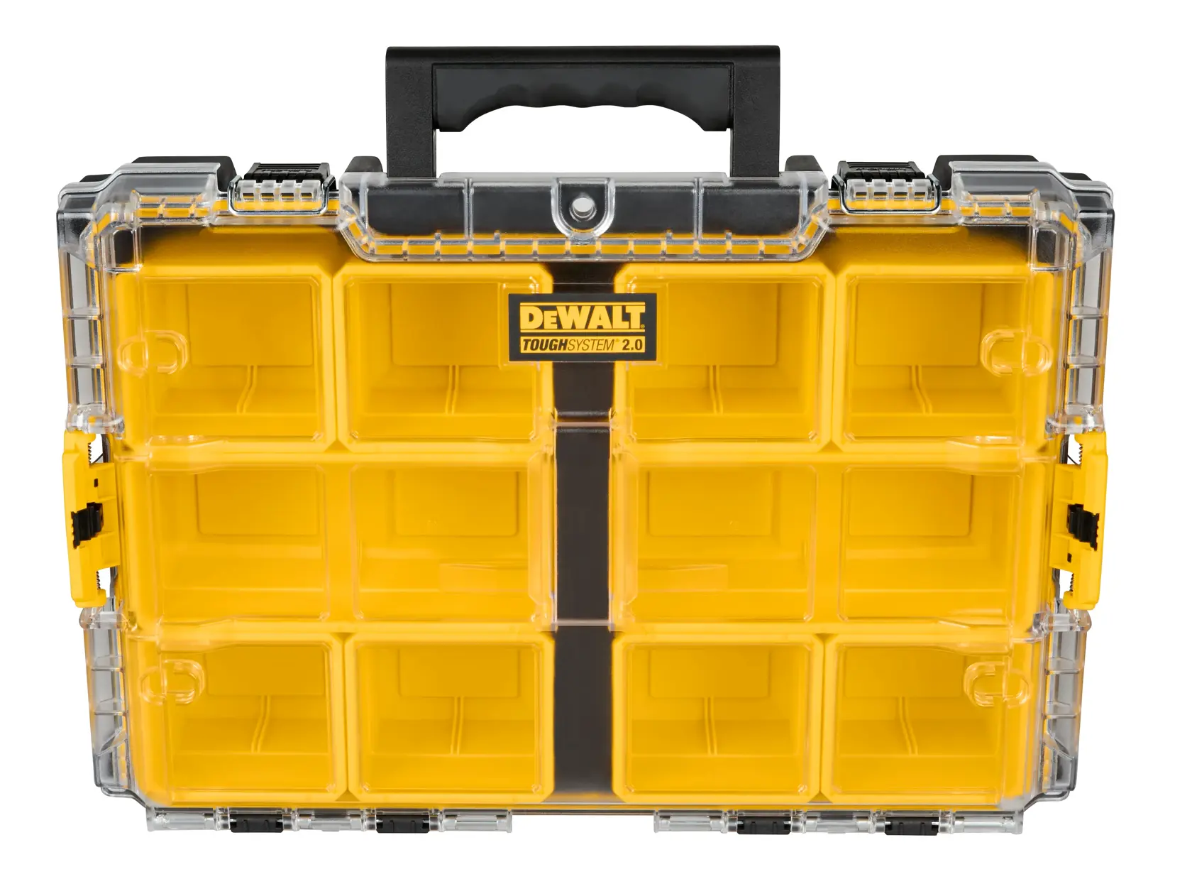 A DEWALT ToughSystem 2.0 organizer box with a transparent lid and multiple yellow compartments, used for storing and organizing small tools or hardware.