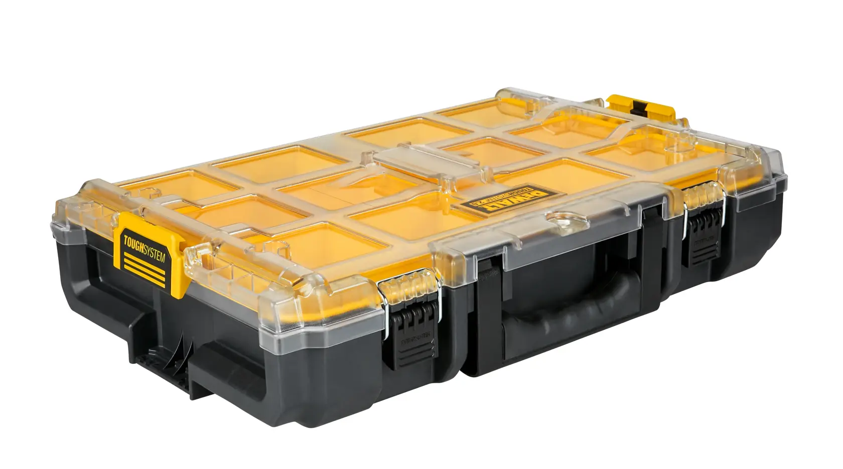 A DEWALT ToughSystem small parts organizer with a transparent lid, yellow internal compartments, and a black plastic base. The organizer has a sturdy handle and secure latches for carrying and storage.