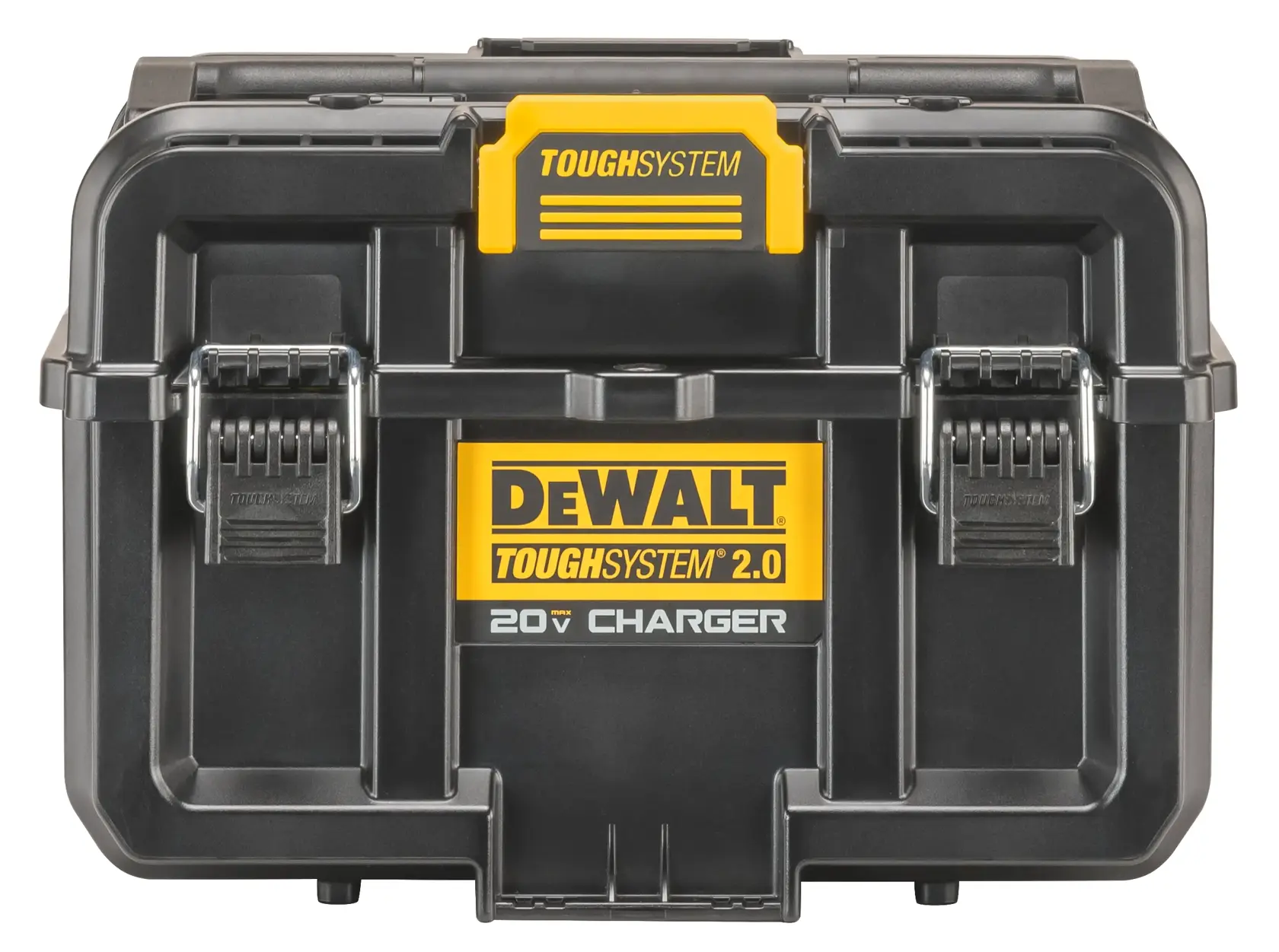 Front view of a DEWALT ToughSystem 2.0 20V charger case, featuring black and yellow design with two latches and carrying handle.