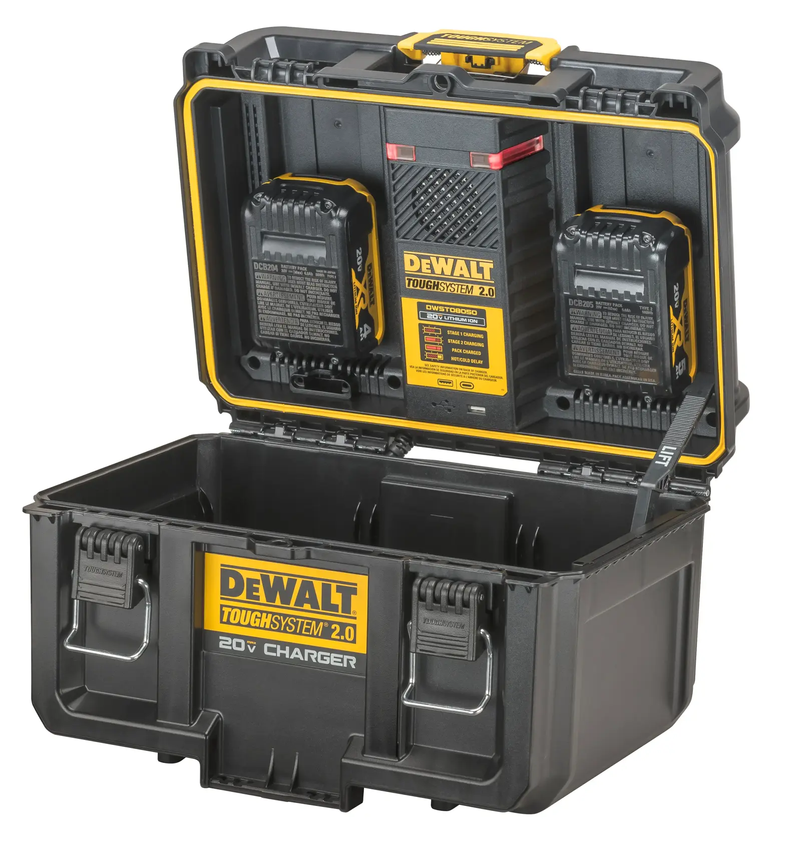 A black and yellow DEWALT ToughSystem 2.0 20V Charger tool box is shown with the lid open, displaying multiple charging ports and compartments inside.