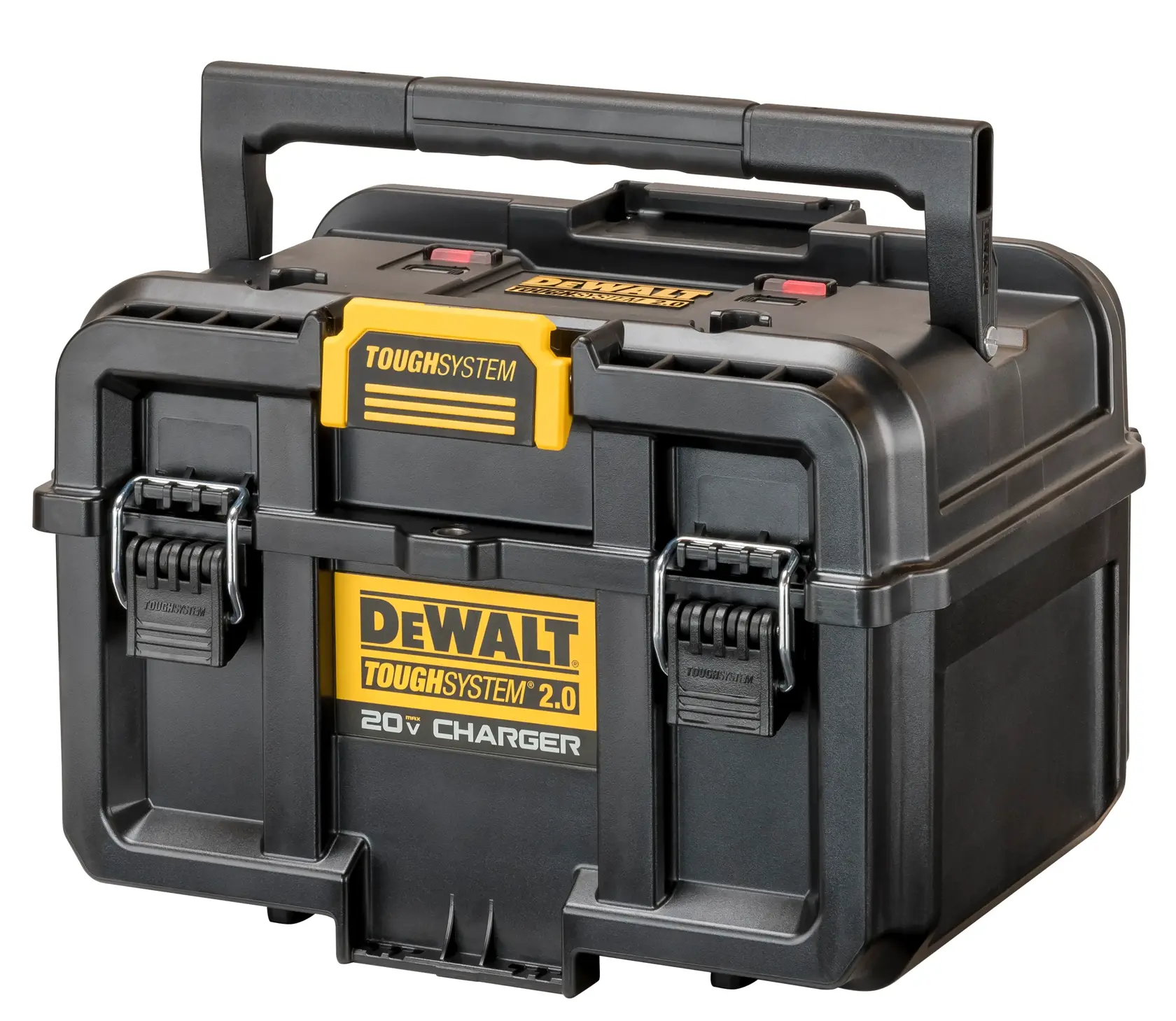 A black DEWALT ToughSystem 2.0 20V Charger storage box with yellow labeling, sturdy handle, and secure latches. The box is designed for safe storage and charging of tools and batteries.