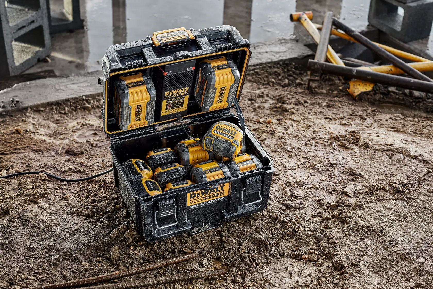 A DEWALT ToughSystem 2.0 storage case sits open on a muddy construction site, displaying multiple yellow and black power tool batteries and chargers inside.