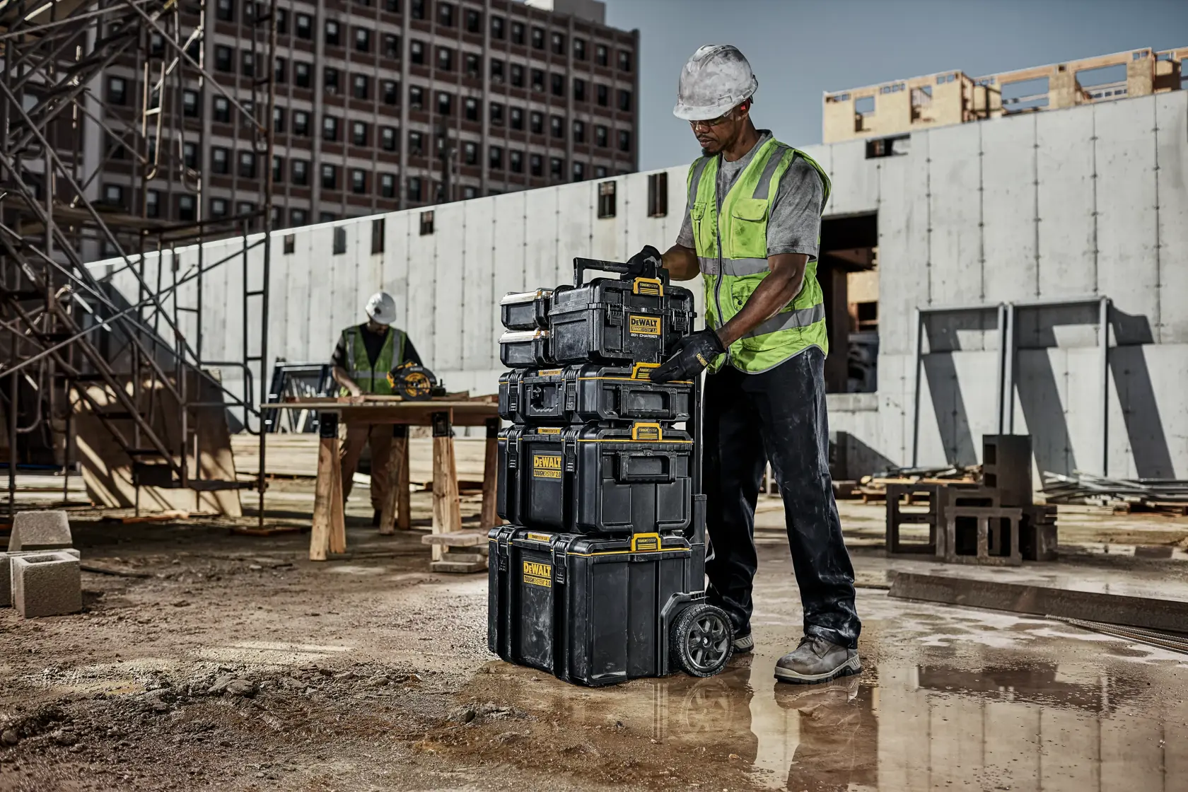DEWALT ToughSystem 2.0 Dual Port Charger demo, showing features: USB, dust/water resistance, simultaneous charging.