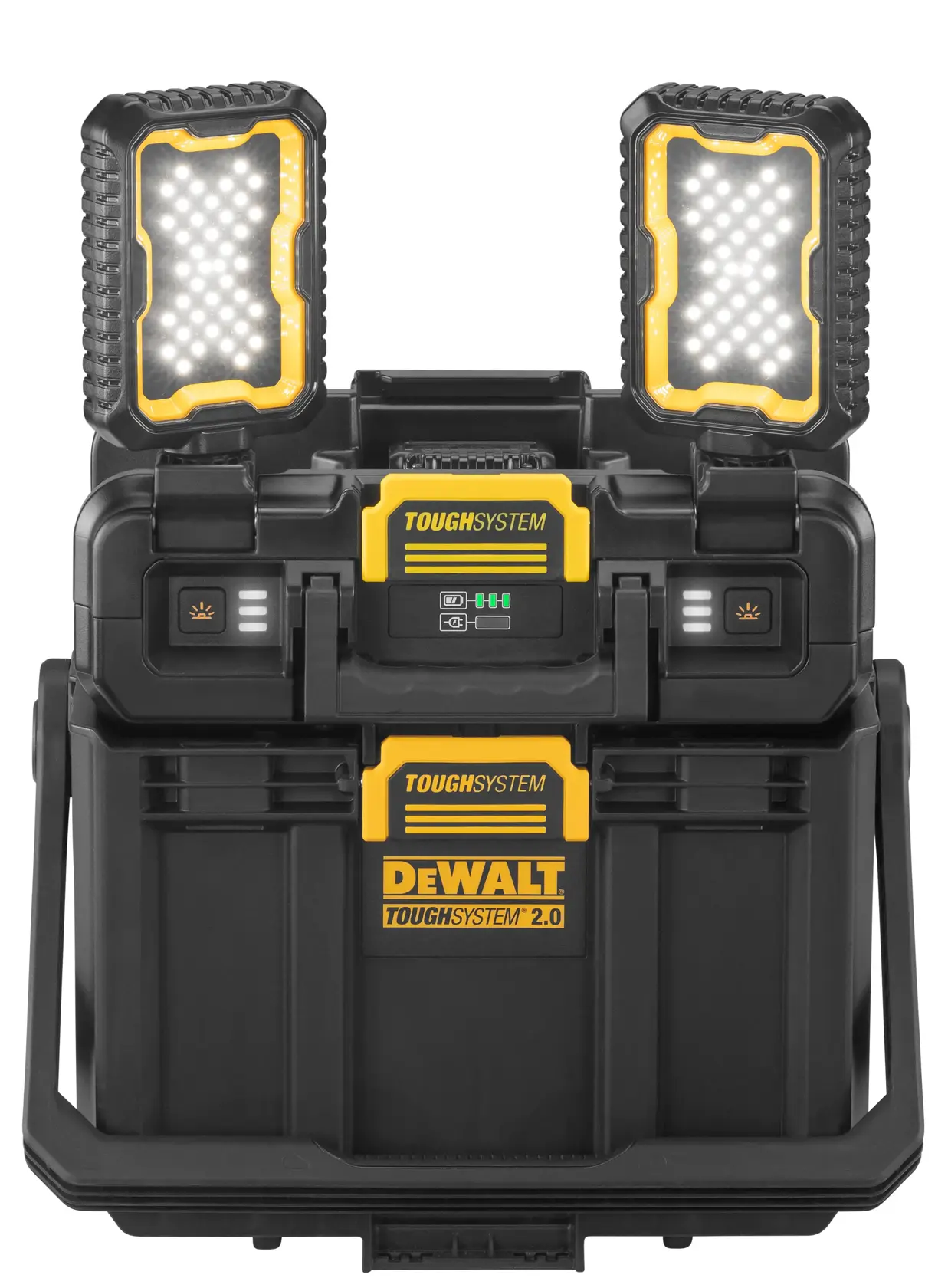 A DEWALT ToughSystem 2.0 portable work light and storage box with two rectangular LED lights extended upwards. The unit is black with yellow accents and features DEWALT branding on the front.
