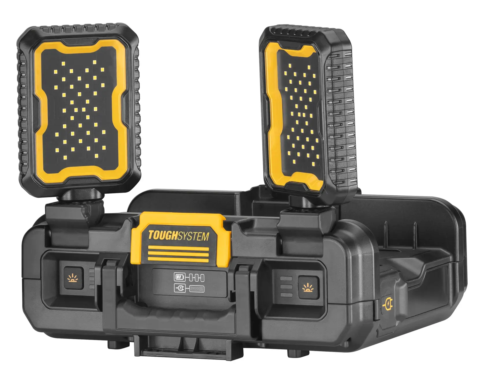 DEWALT ToughSystem portable jobsite LED work light with two adjustable lamps attached to a rugged black and yellow case.