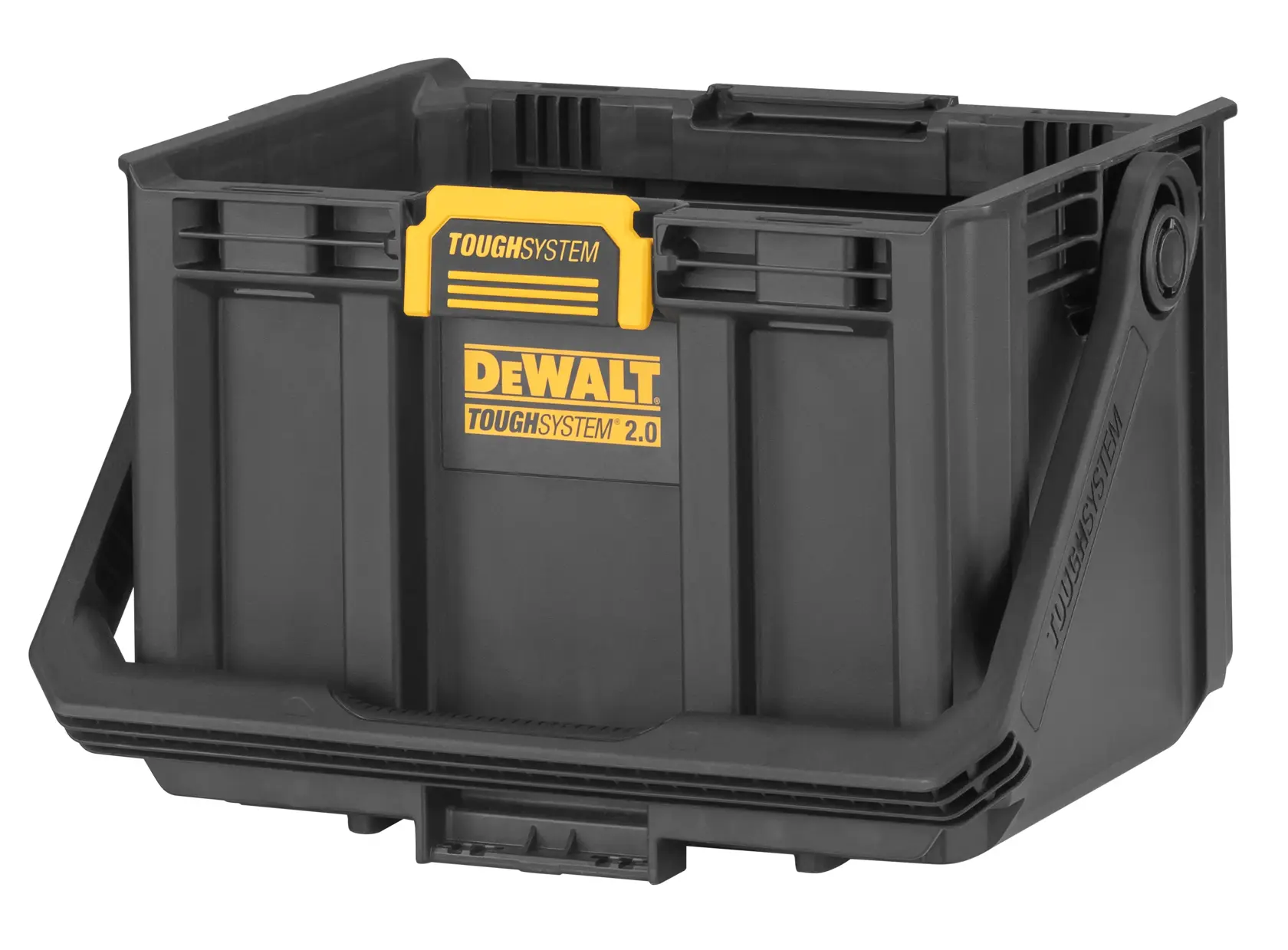 A black DEWALT ToughSystem 2.0 open tool storage box with a yellow latch and handle, designed for durable and secure storage of tools.