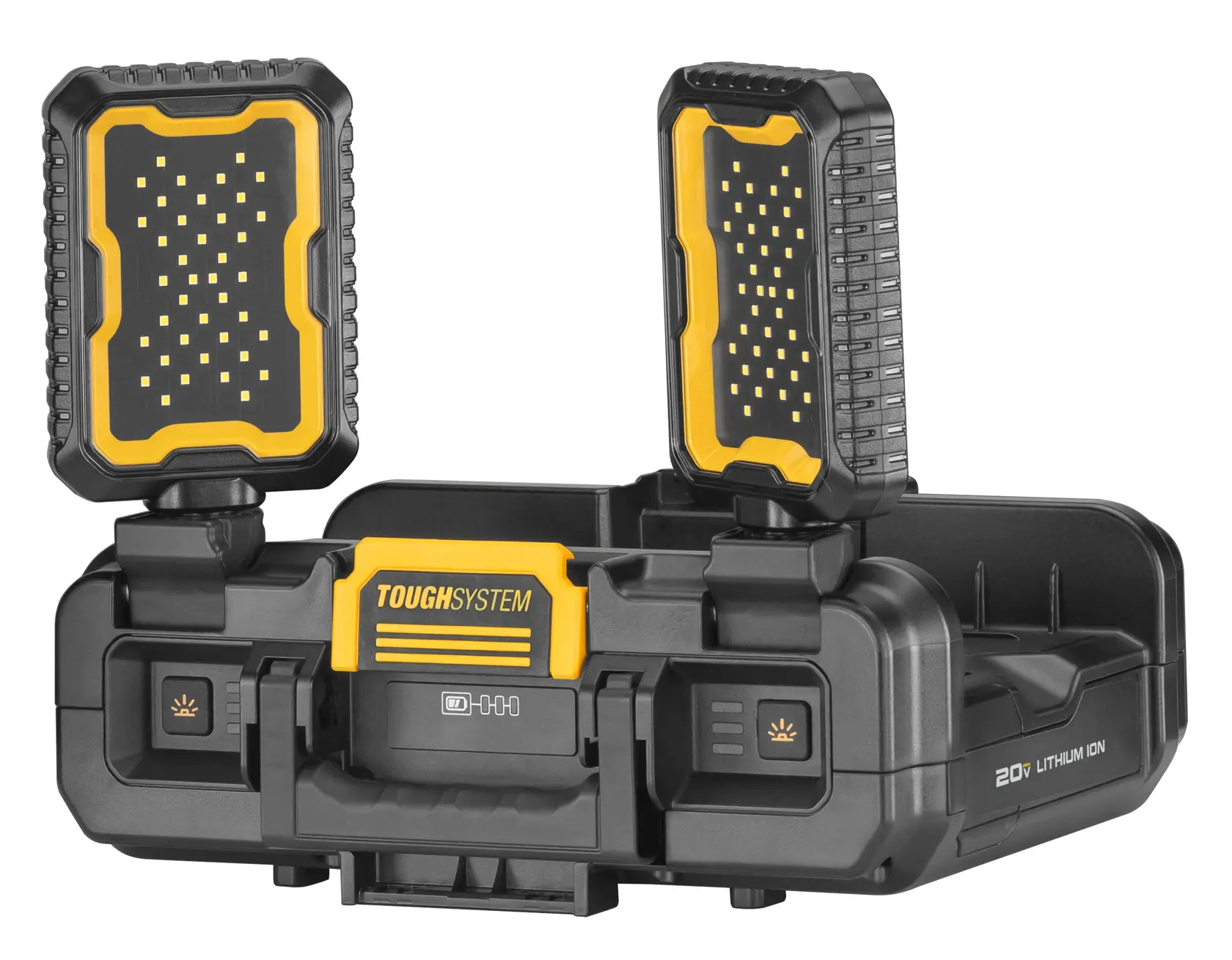 DEWALT ToughSystem 20V portable dual LED work light with black and yellow casing, featuring two adjustable LED panels mounted on a rugged storage box.