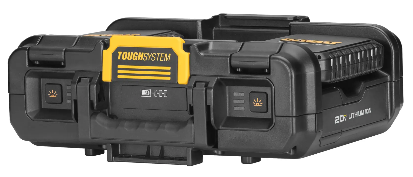 A DEWALT ToughSystem 20V Lithium Ion portable tool storage case, featuring a black and yellow design with branding and indicator lights on the front, designed for rugged use and secure storage of tools.