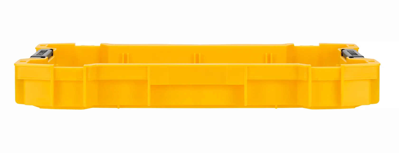 A yellow DEWALT shallow storage bin with black metal latches, shown from the front against a white background.