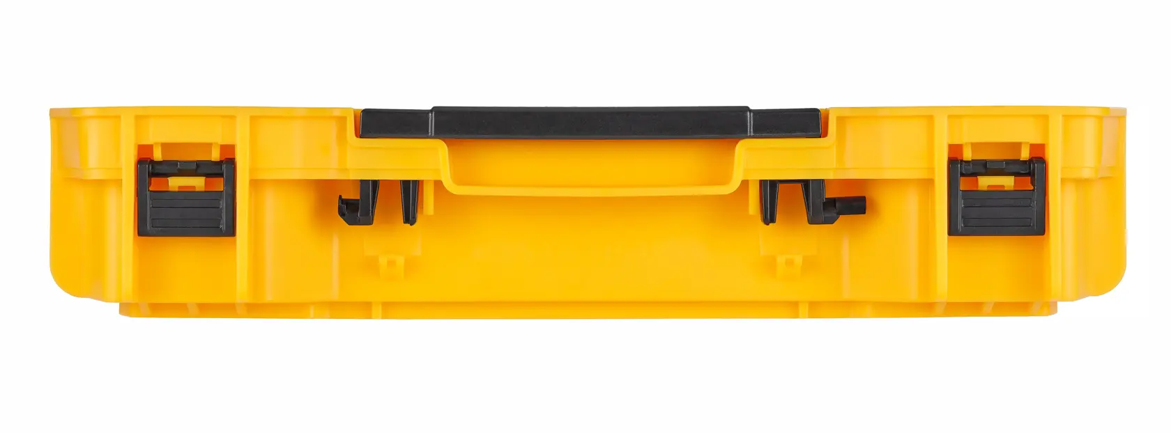 Front view of a yellow DEWALT plastic tool storage case with black handle and latches.