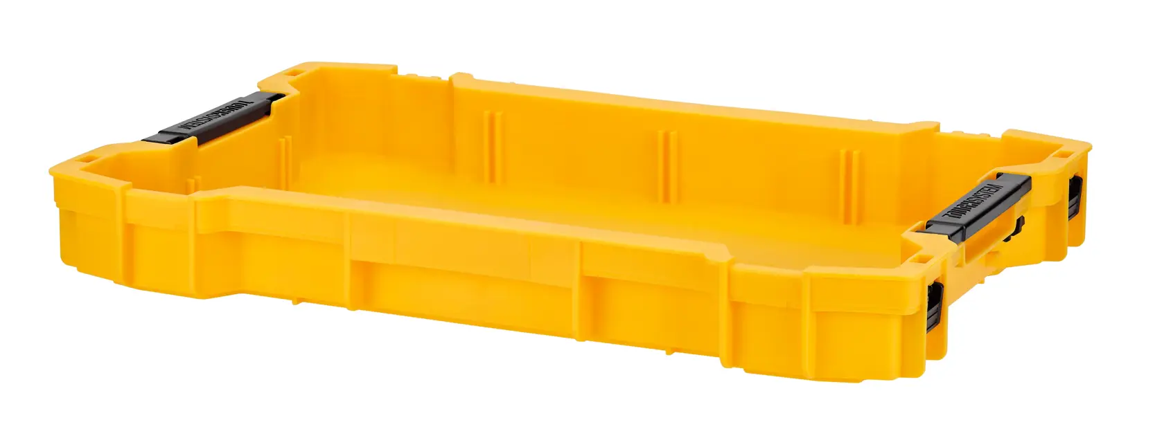 A shallow, rectangular yellow plastic toolbox tray with black latches, suitable for organizing tools or accessories.