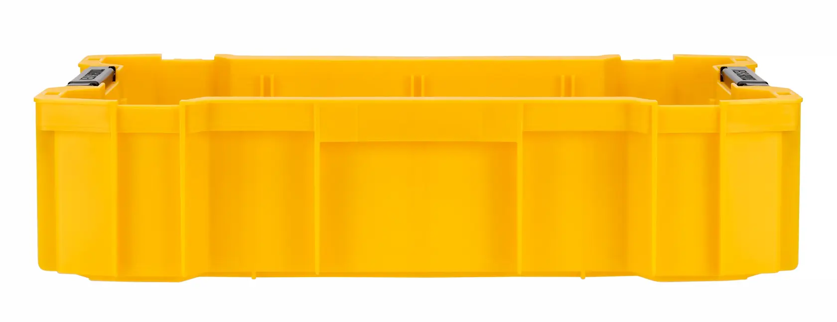A yellow plastic storage box with metal latches, viewed from the front against a white background.