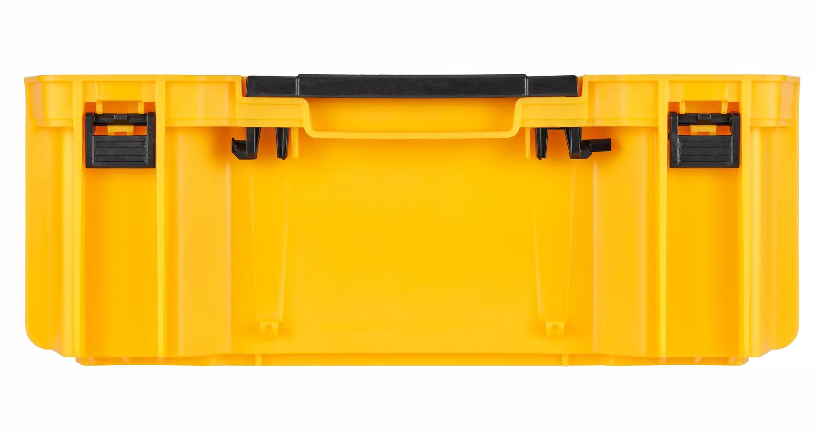 Front view of a yellow DEWALT tool storage box with black latches and a black handle.