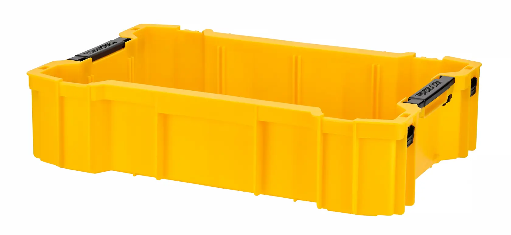 Yellow DEWALT modular storage box with open top, featuring black latches on both sides.